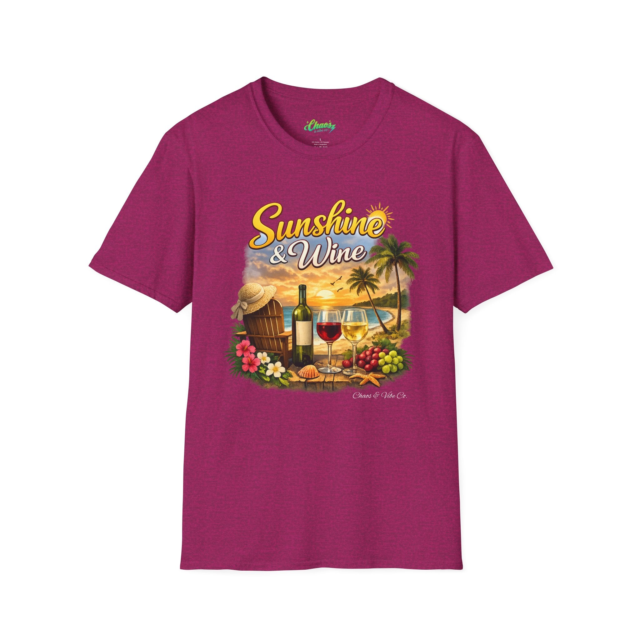 Unisex Sunshine & Wine T-Shirt | Tropical Beach, Palm Trees, Wine Glasses