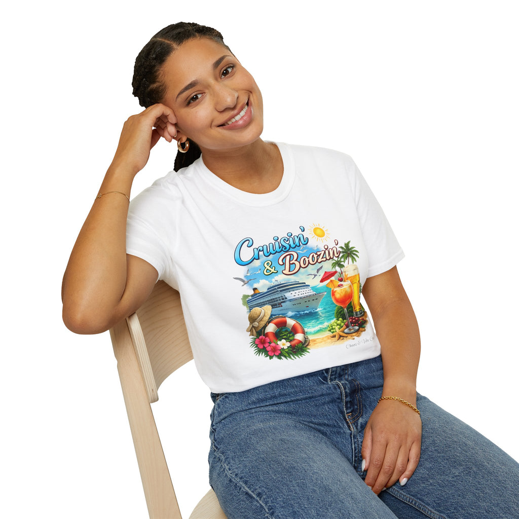 Unisex Cruisin' & Boozin' cruise ship beach cocktails T-Shirt | Tropical vacation tee