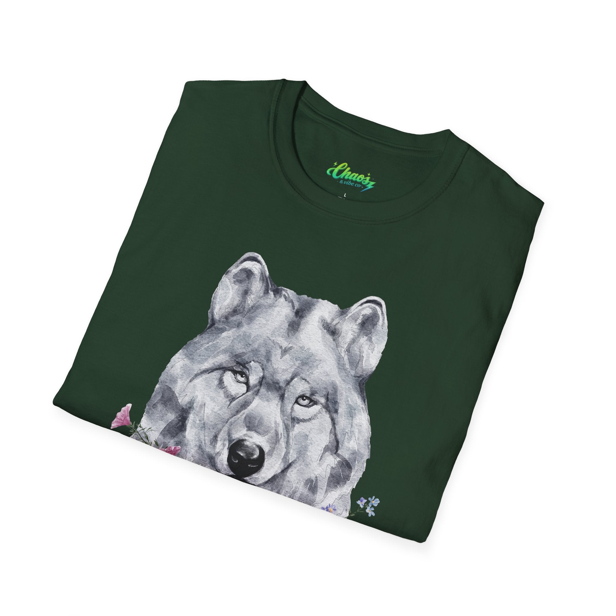Unisex Wolf Floral T-Shirt — Watercolor Wolf Head with Flowers