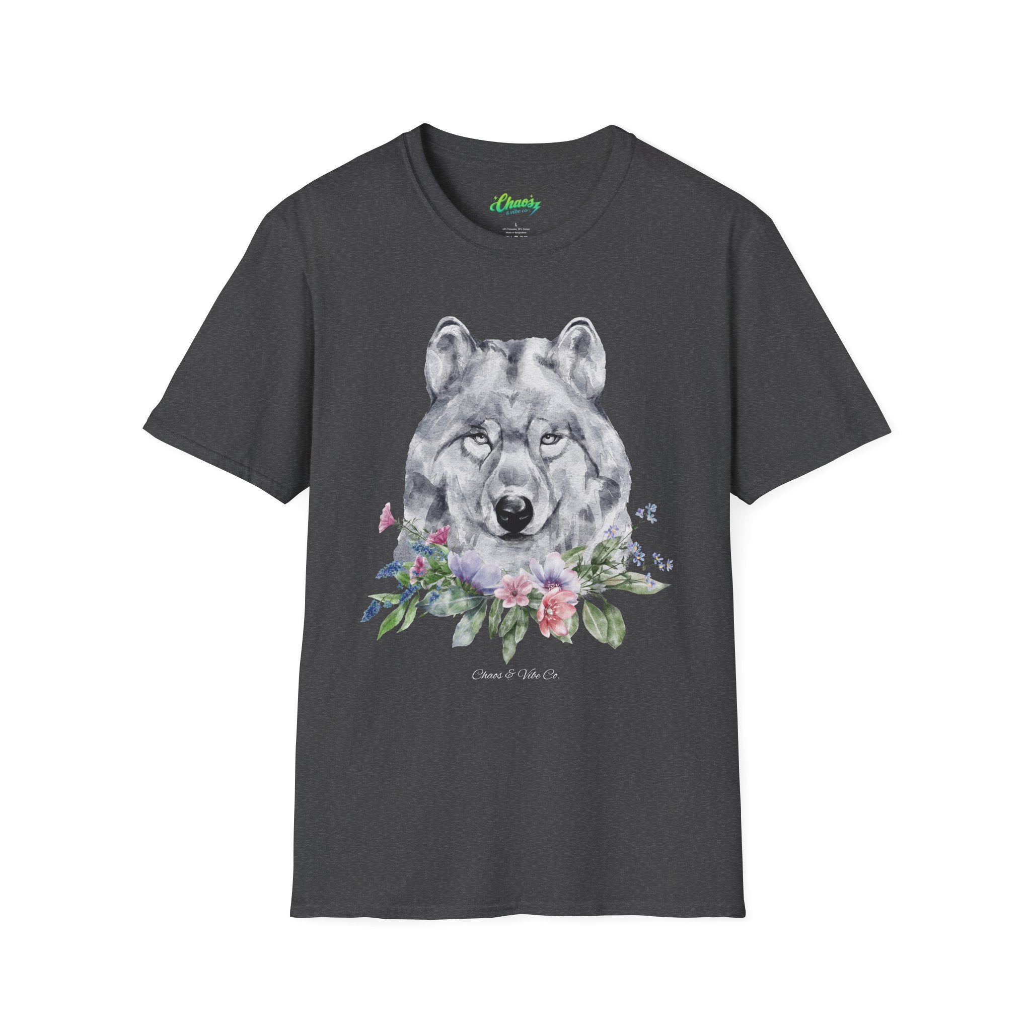 Unisex Wolf Floral T-Shirt — Watercolor Wolf Head with Flowers