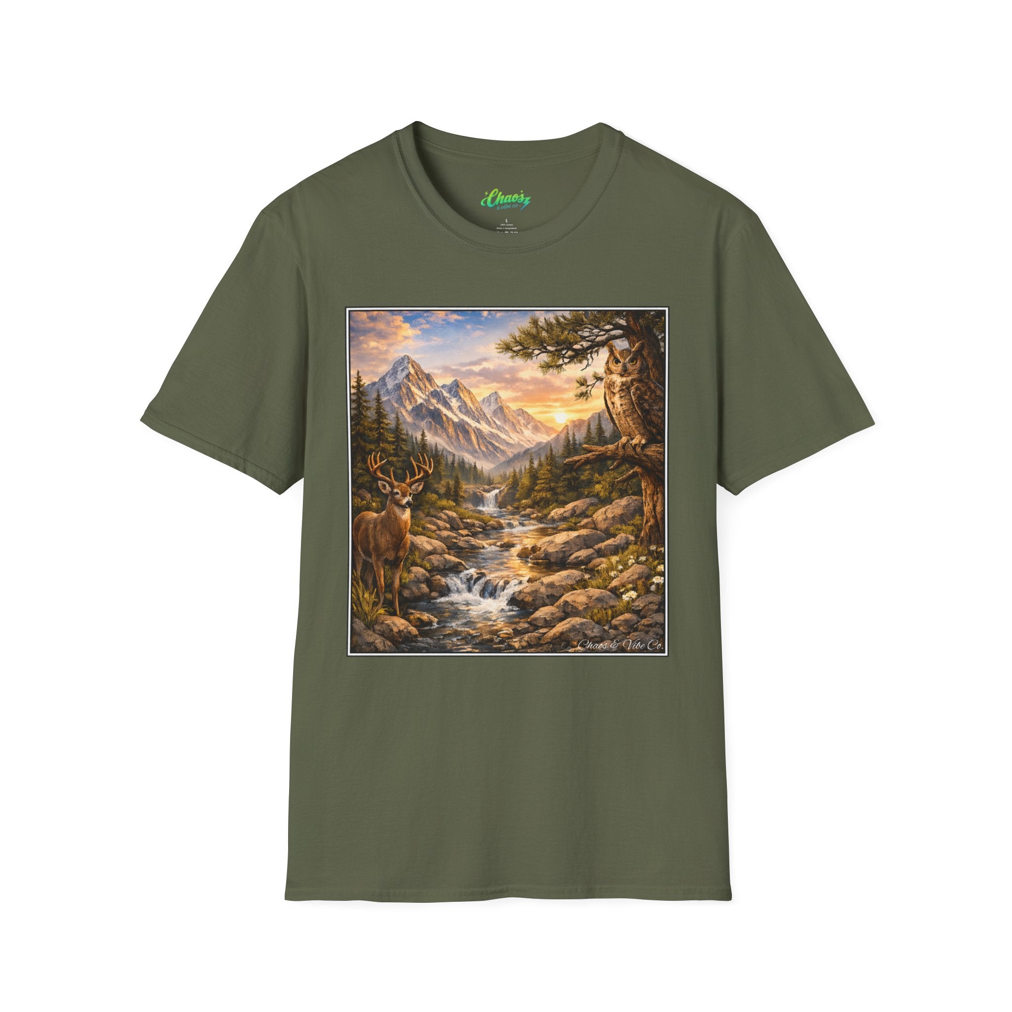 Unisex Softstyle T-Shirt mountain creek nature theme with deer and owl