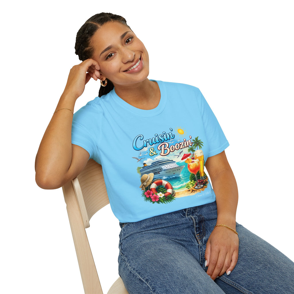 Unisex Cruisin' & Boozin' cruise ship beach cocktails T-Shirt | Tropical vacation tee