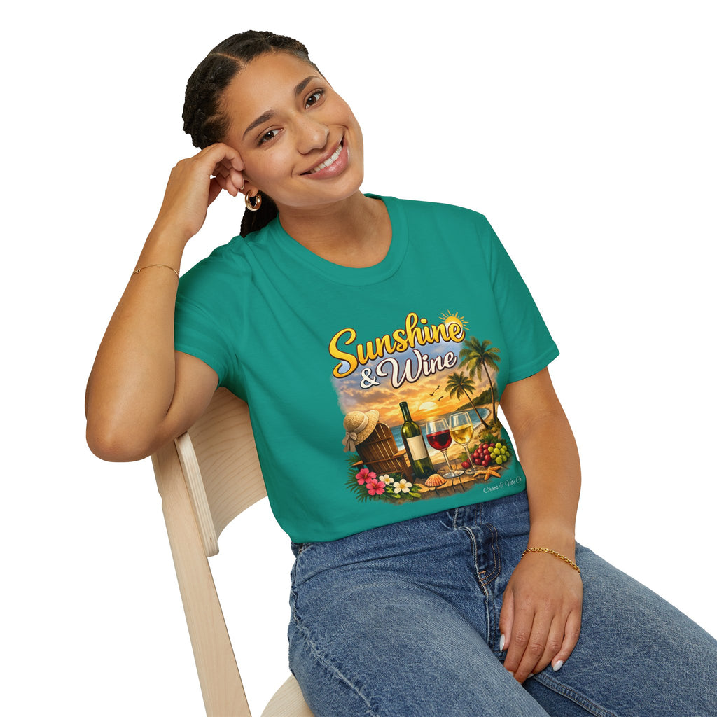 Unisex Sunshine & Wine T-Shirt | Tropical Beach, Palm Trees, Wine Glasses