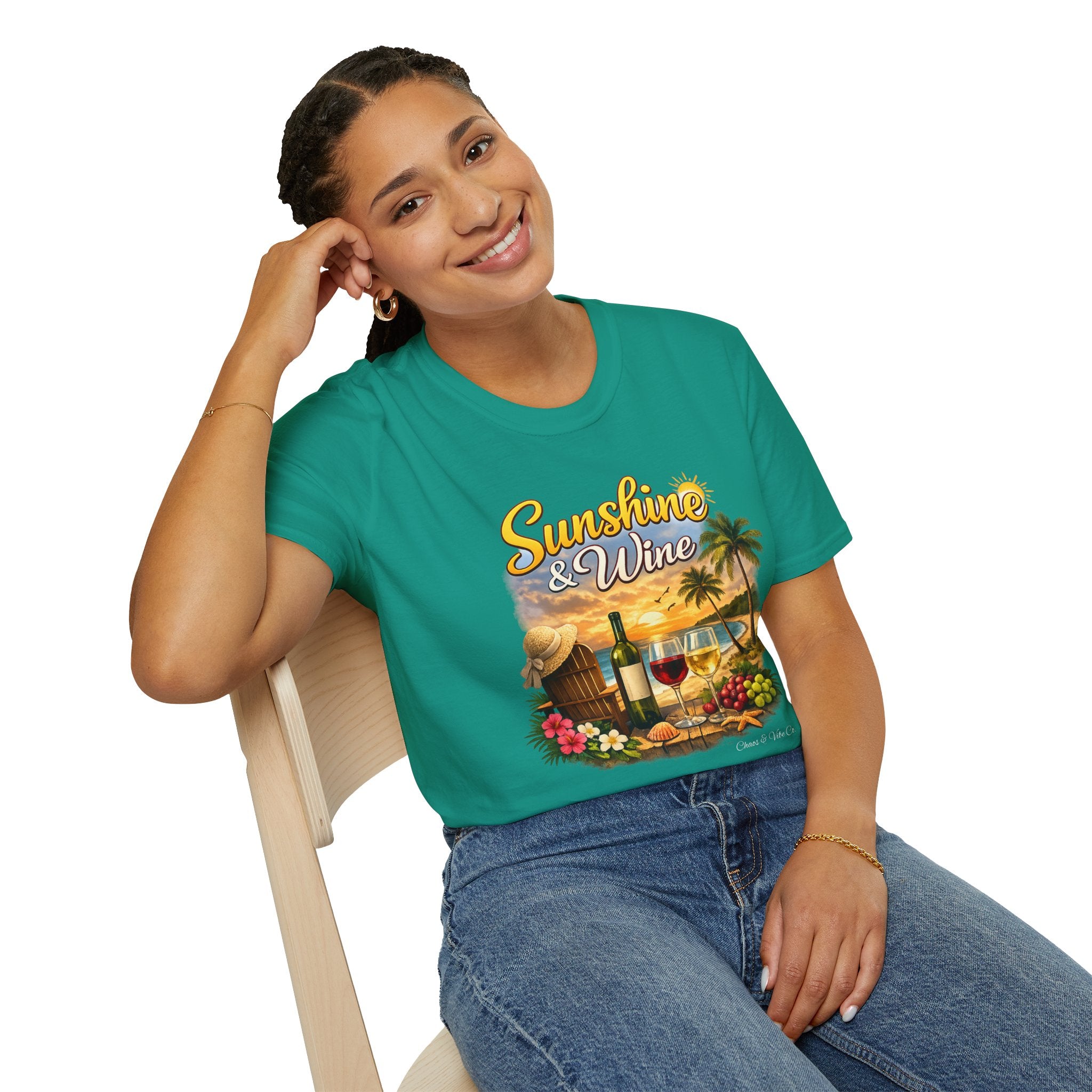 Unisex Sunshine & Wine T-Shirt | Tropical Beach, Palm Trees, Wine Glasses