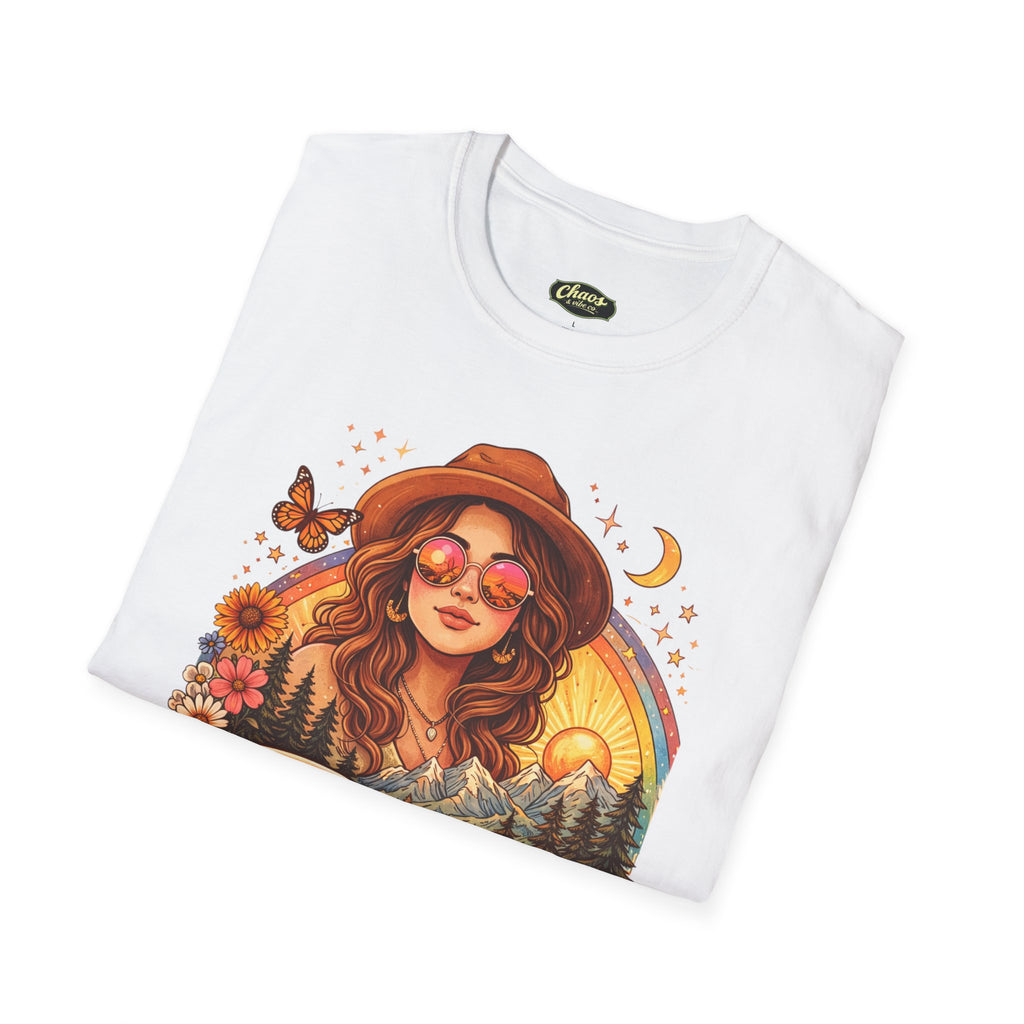 Boho Camper Girl T-Shirt | Retro Van, Campfire, Floral Sunset