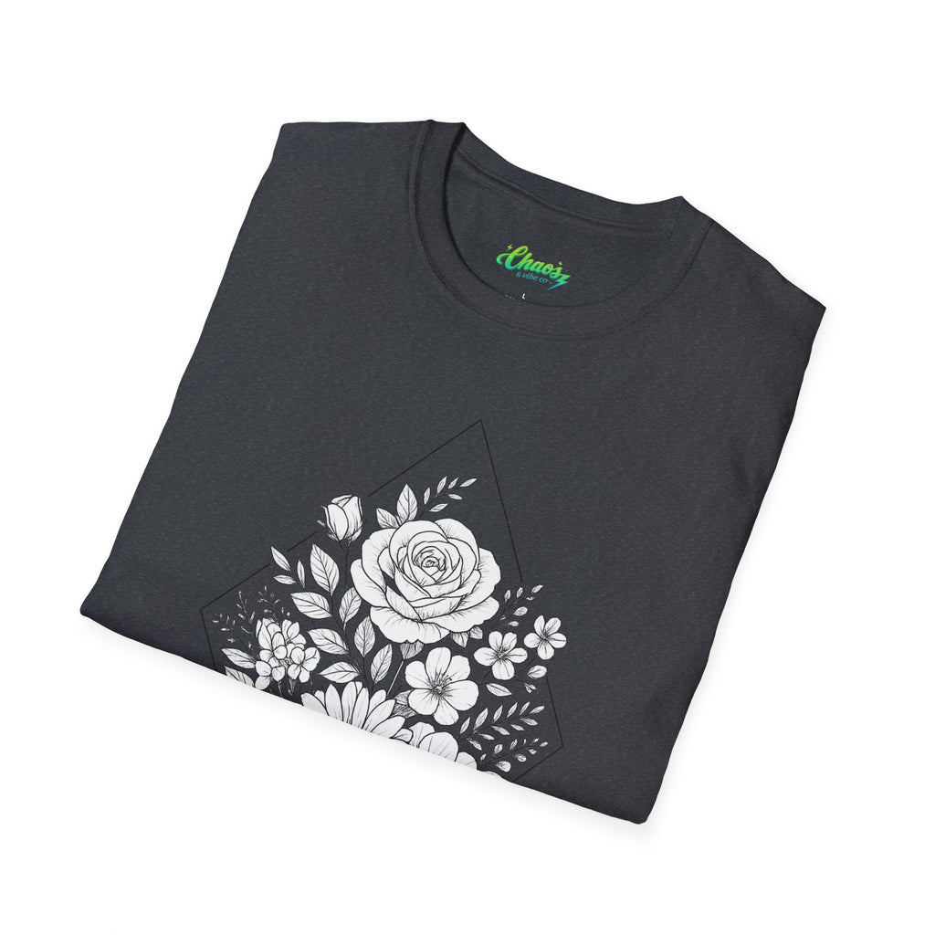 Unisex Floral Diamond Line Art T-Shirt — Botanical Sketch Graphic Tee