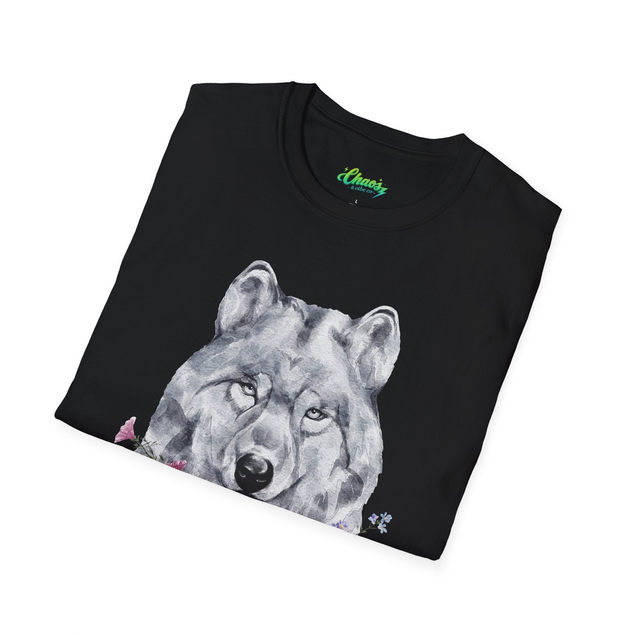 Unisex Wolf Floral T-Shirt — Watercolor Wolf Head with Flowers