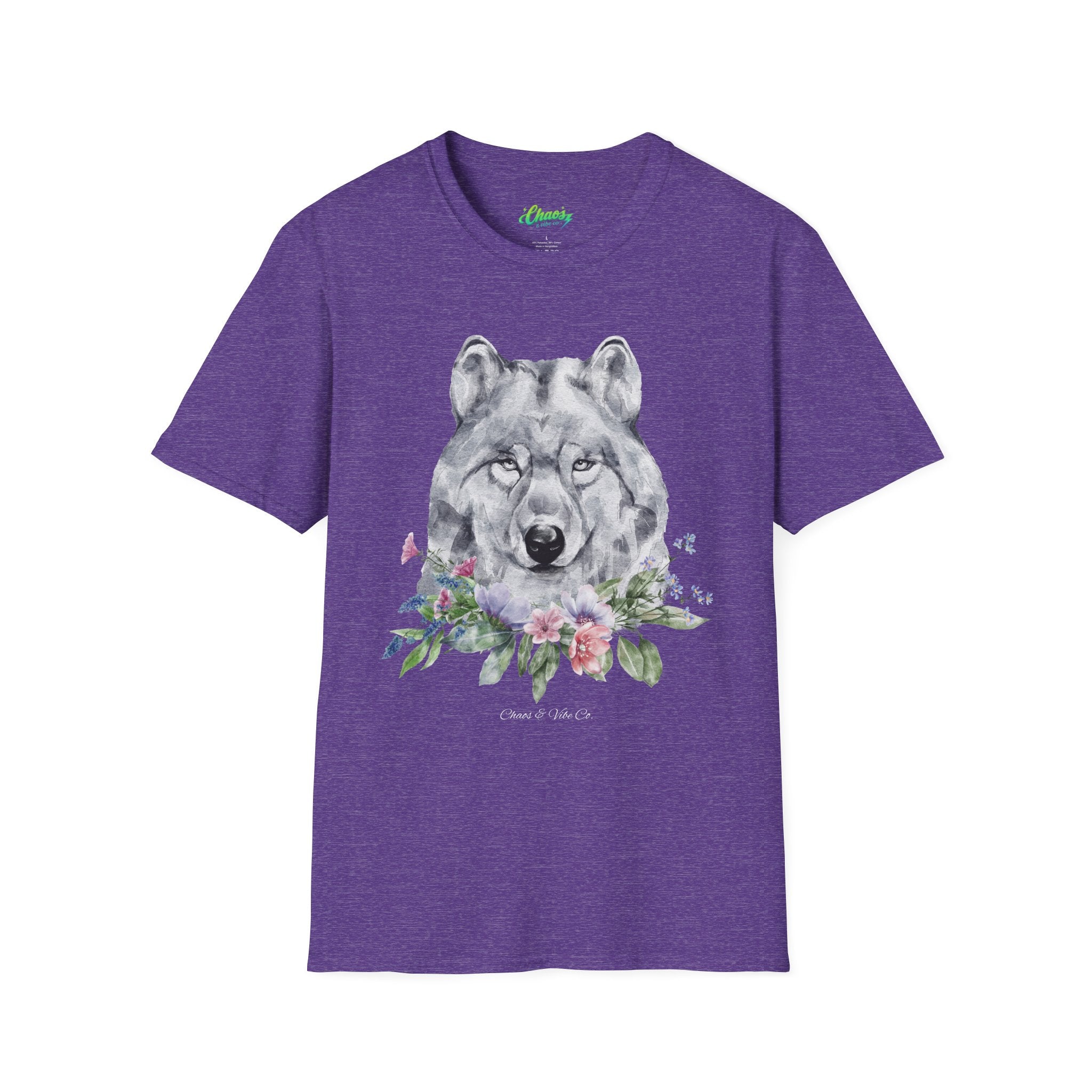 Unisex Wolf Floral T-Shirt — Watercolor Wolf Head with Flowers