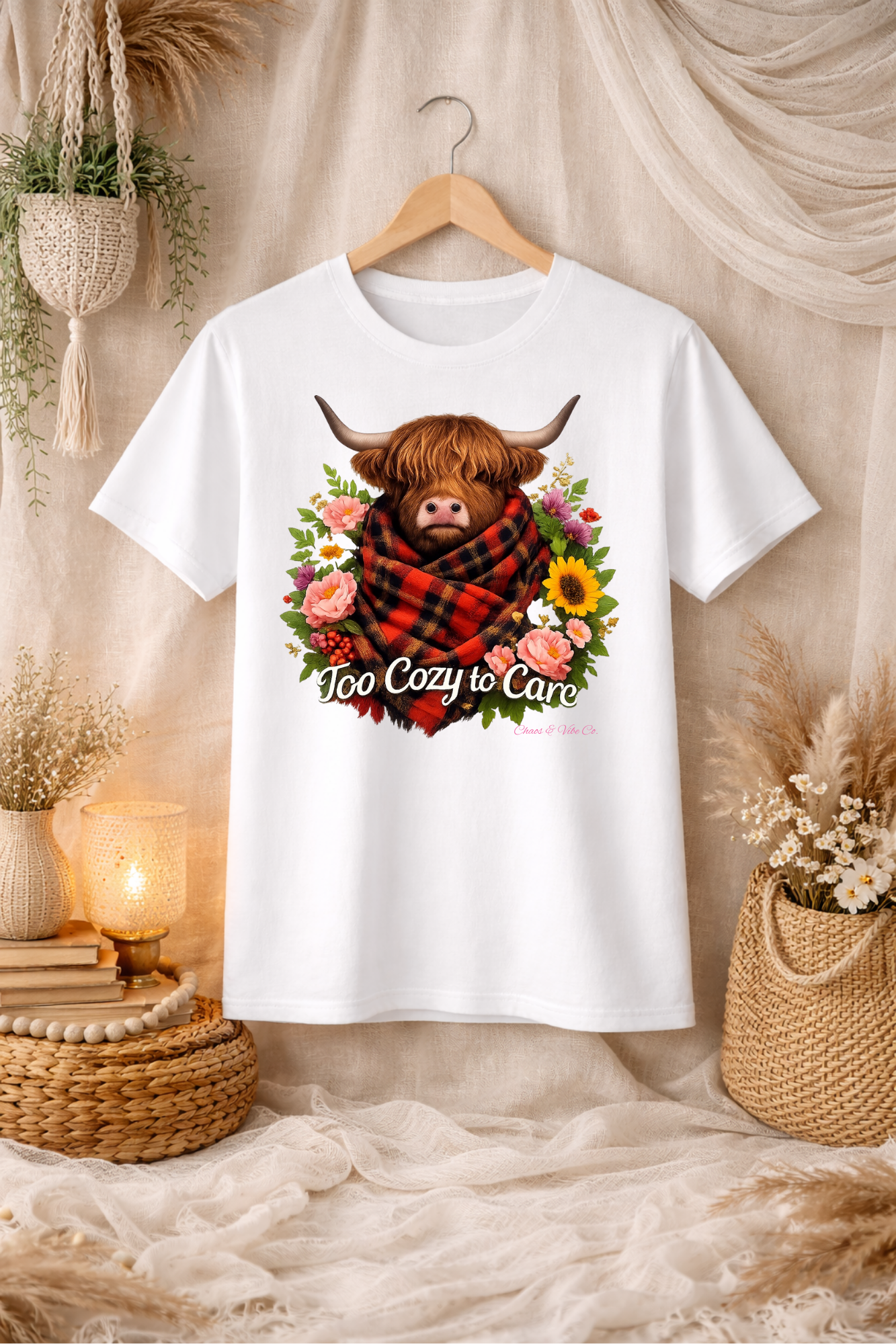Cozy Highland Cow Too Cozy to Care T-Shirt | Plaid Scarf Floral Design