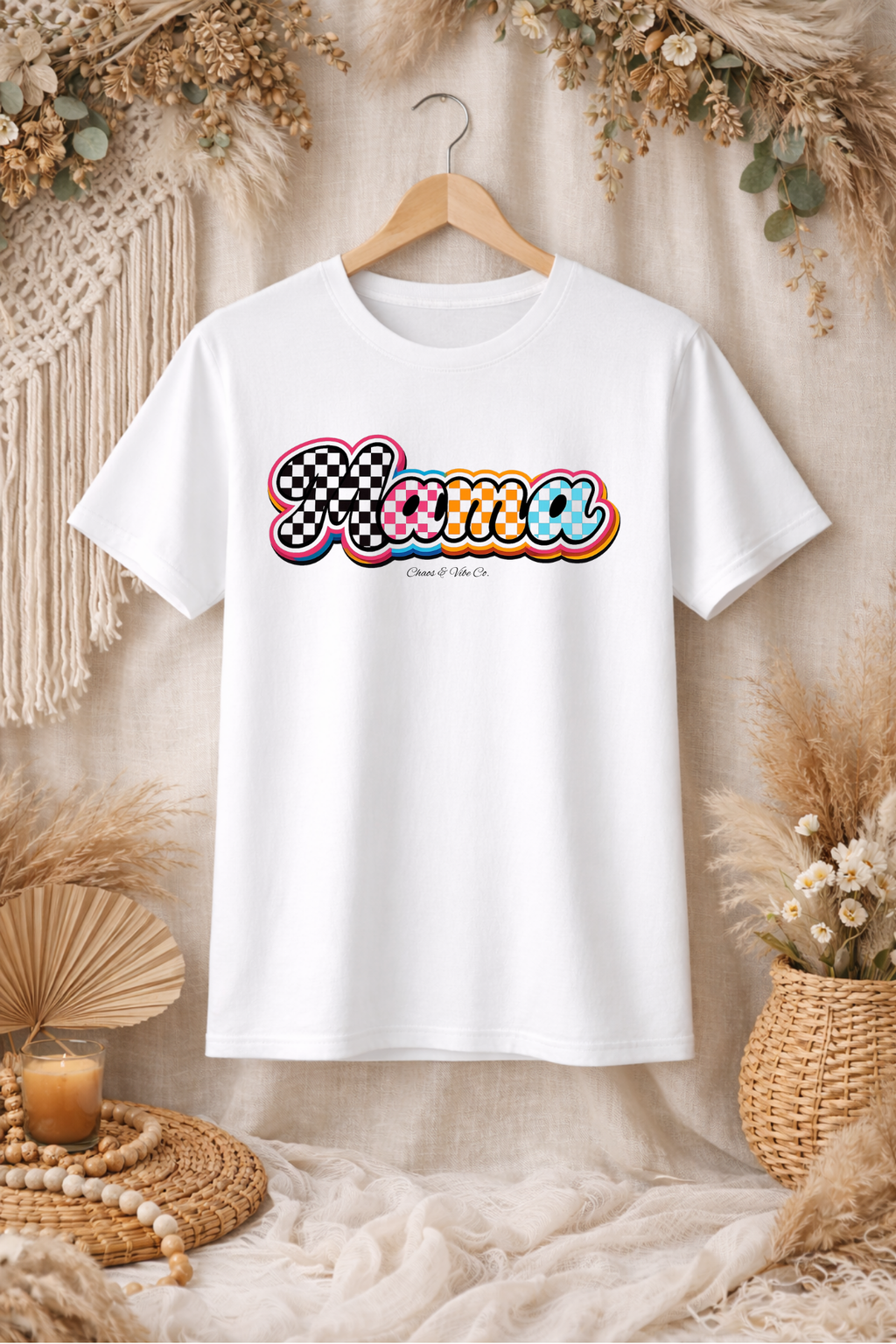 Mama Script Logo T-Shirt | Retro Checkerboard, Rainbow Bubble Letters