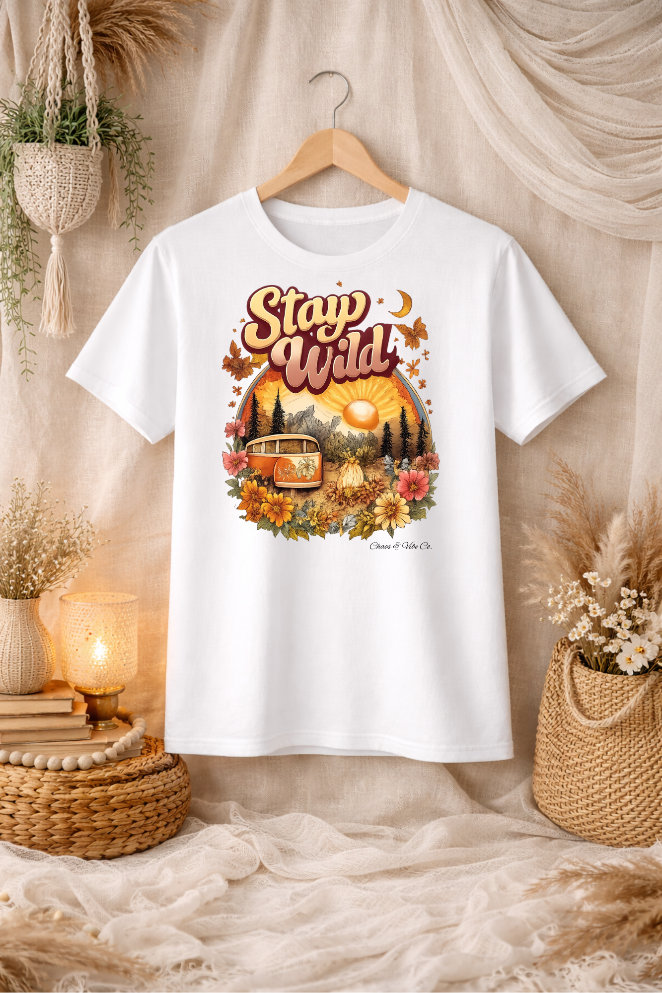 Stay Wild van sunset graphic T-Shirt | vintage camper adventure
