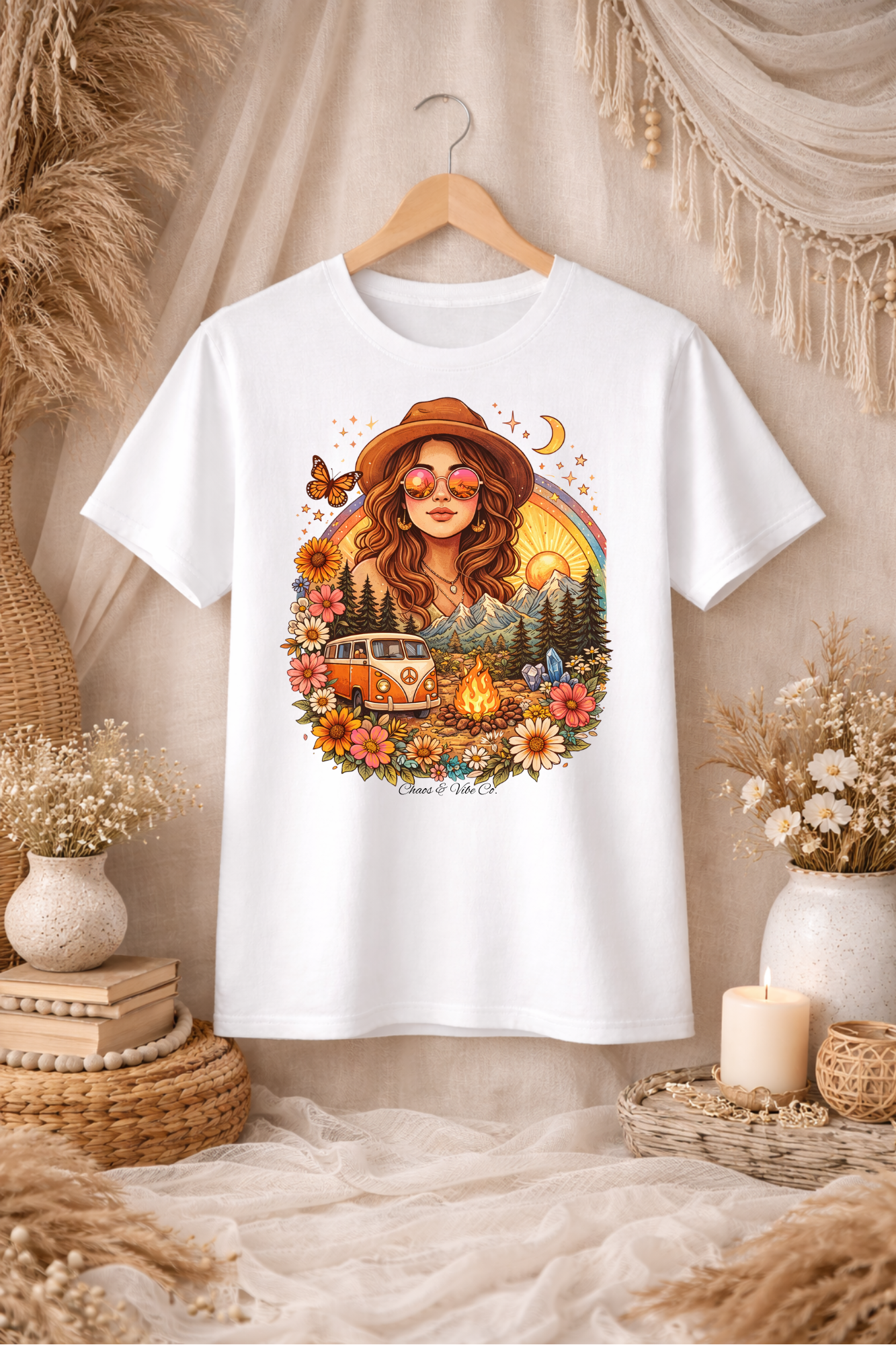 Boho Camper Girl T-Shirt | Retro Van, Campfire, Floral Sunset