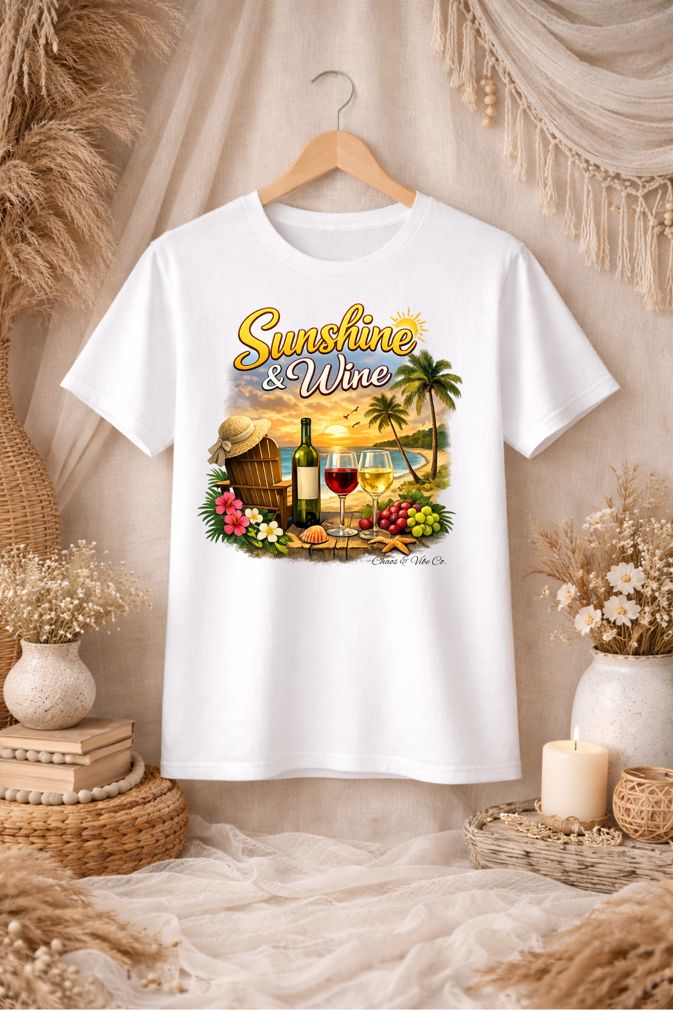 Sunshine & Wine T-Shirt | Tropical Beach, Palm Trees, Wine Glasses