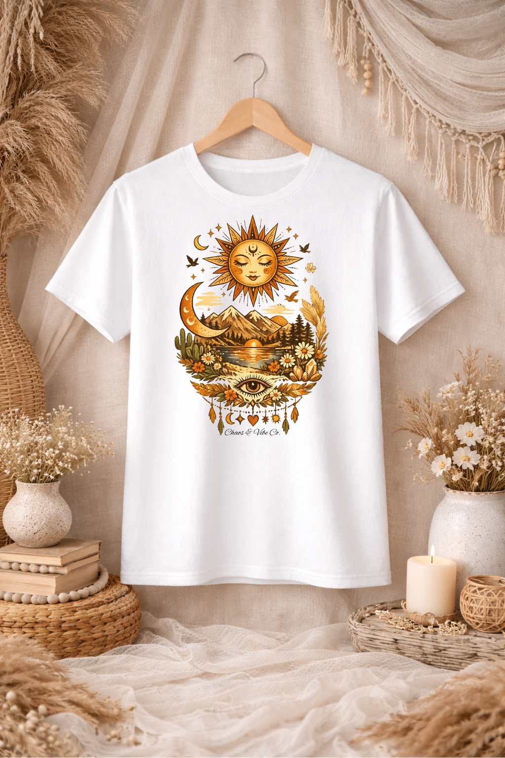 Sun and Moon Landscape Tee | Boho Celestial Sunflower Design