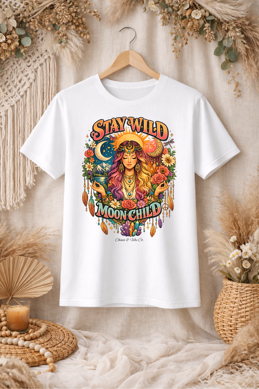 Stay Wild Moon Child T-Shirt | Boho Goddess Moon Phases Floral Graphic