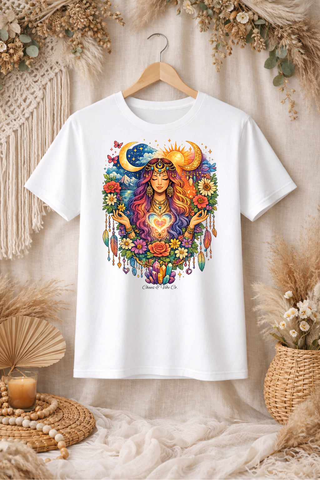 Bohemian Sun Moon Goddess Tee | Floral Heart Mandala, Dreamcatcher Vibes