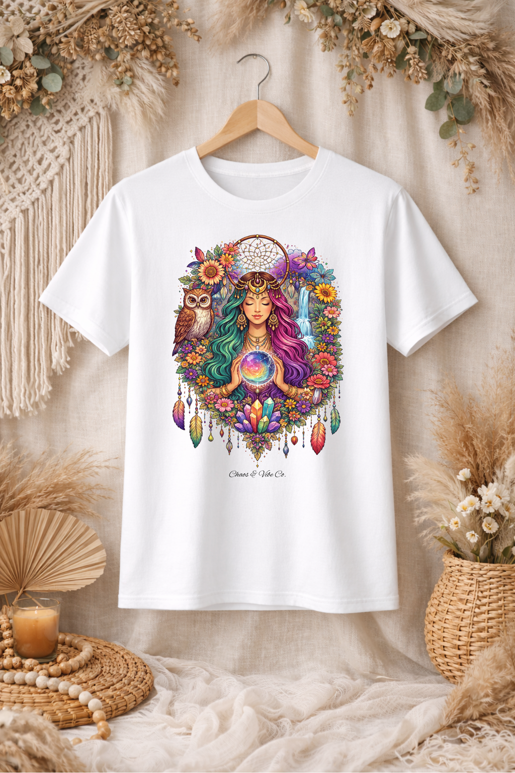 Goddess with Crystal Ball T-Shirt | Boho Mystic Woman, Owl, Dreamcatcher