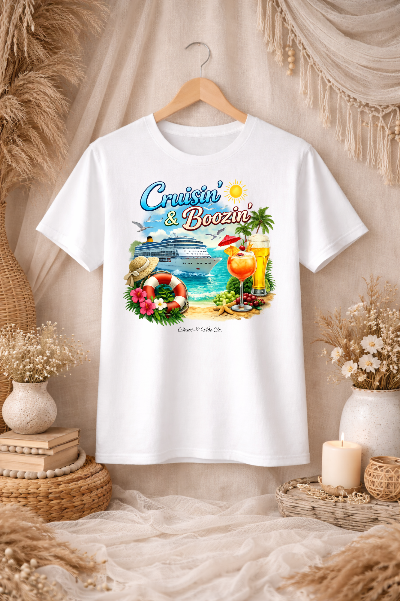 Unisex Cruisin' & Boozin' cruise ship beach cocktails T-Shirt | Tropical vacation tee