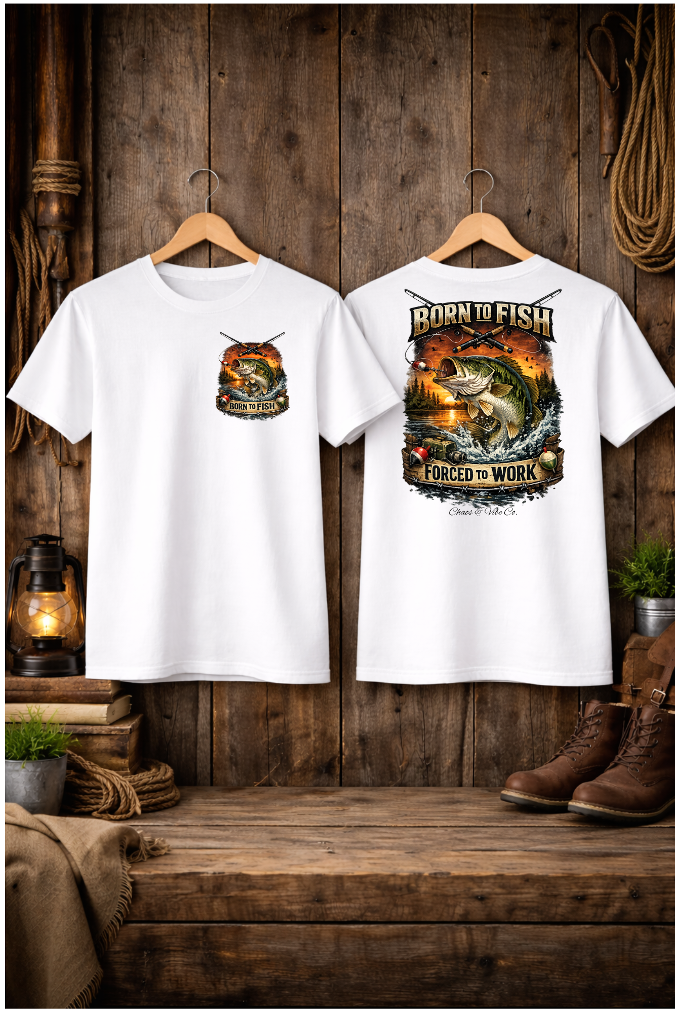 Unisex Born to Fish T-Shirt — Fishing Graphic Tee ("Born to Fish, Forced to Work")