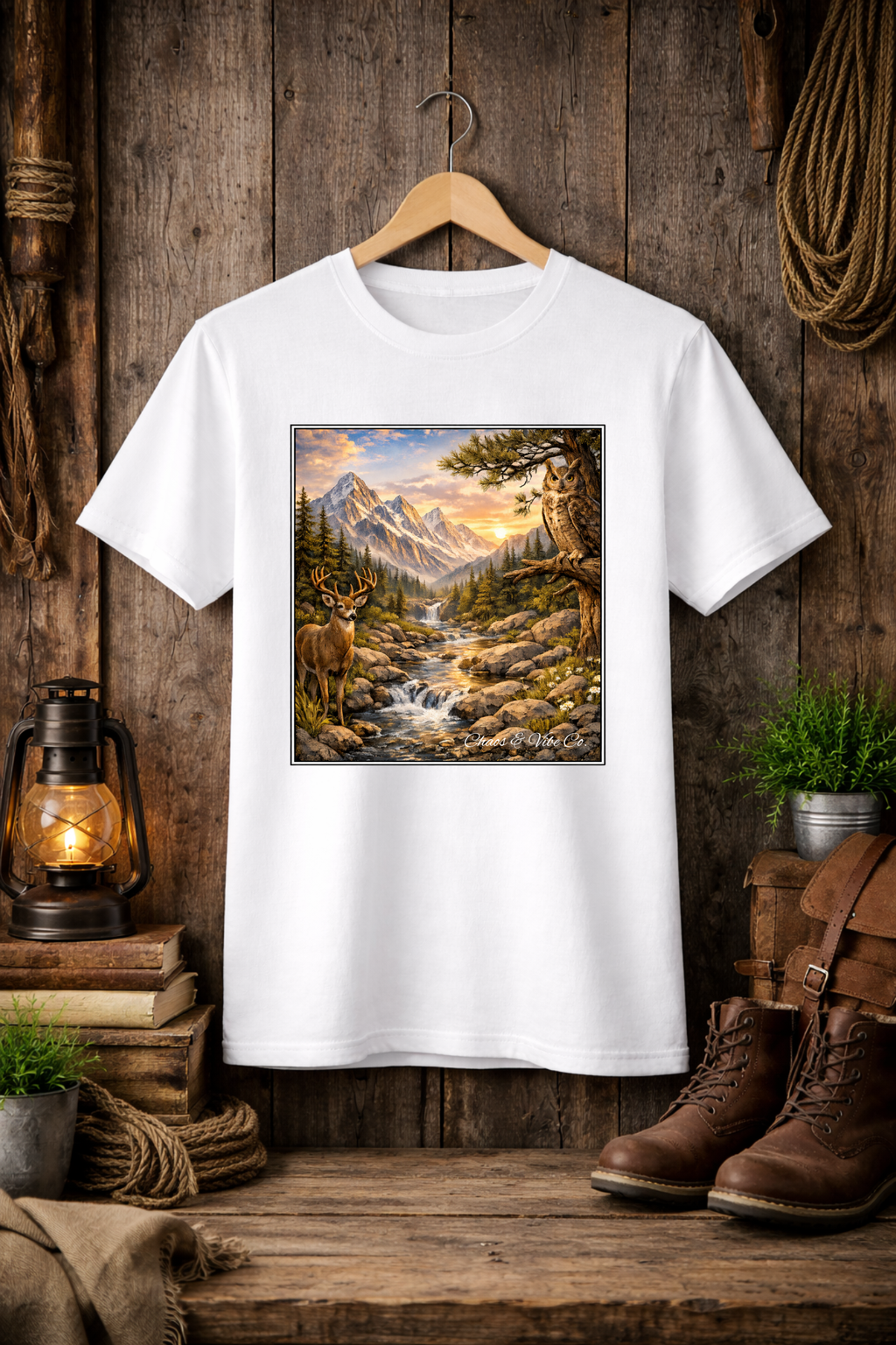 Unisex Softstyle T-Shirt mountain creek nature theme with deer and owl
