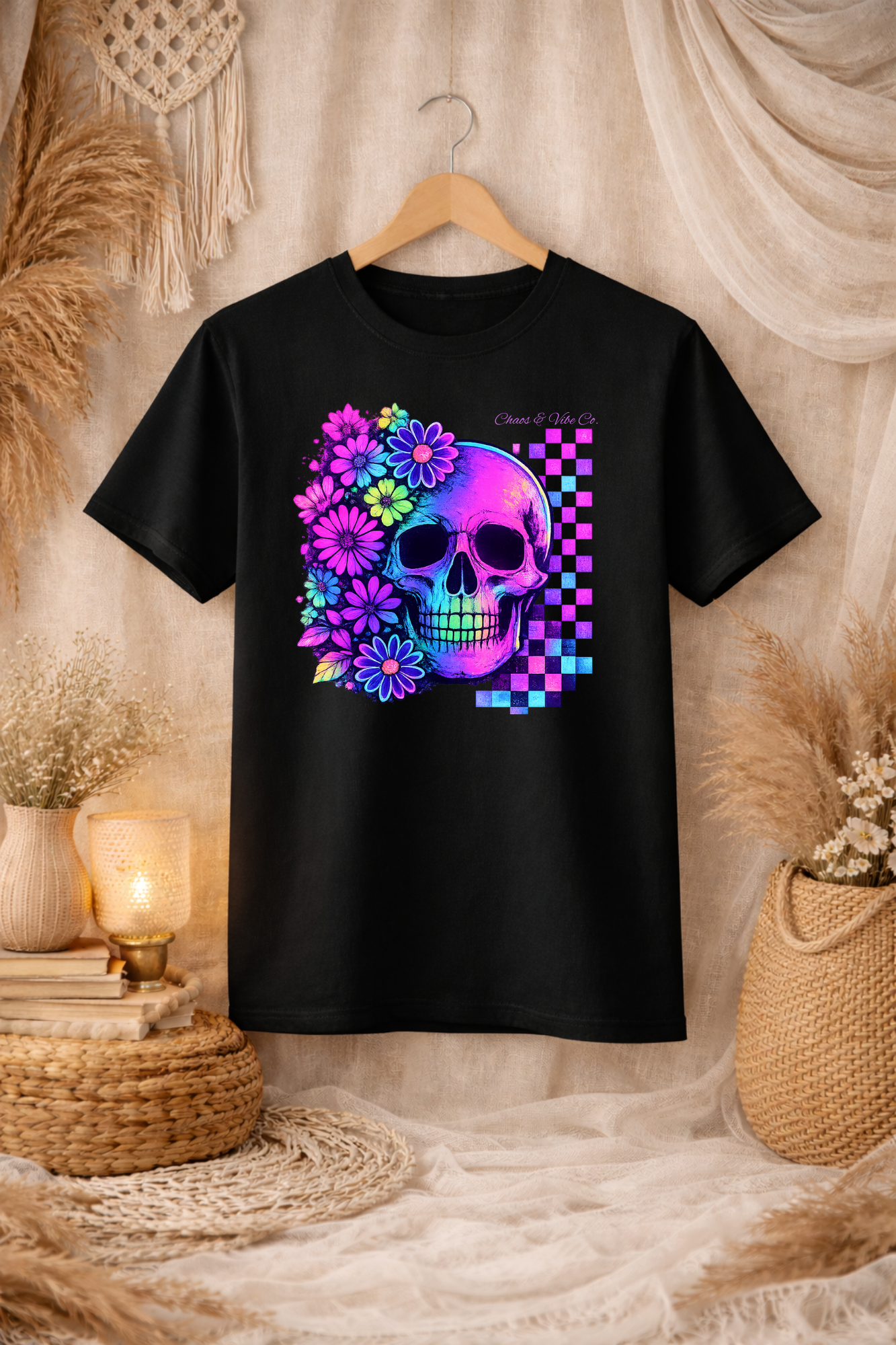 Unisex floral skull checker Softstyle T-Shirt