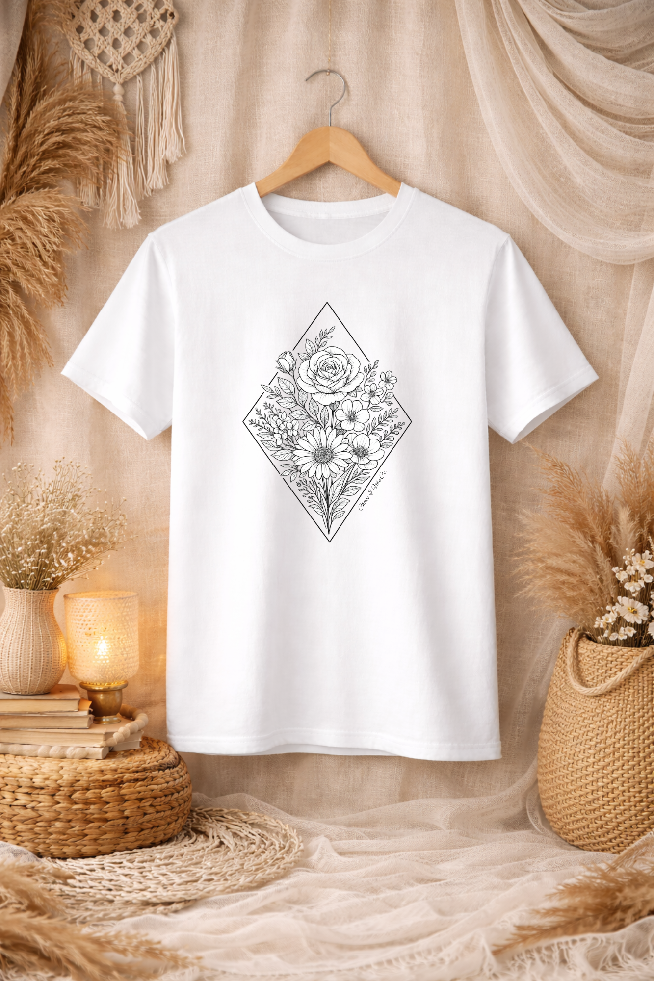 Unisex Floral Diamond Line Art T-Shirt — Botanical Sketch Graphic Tee
