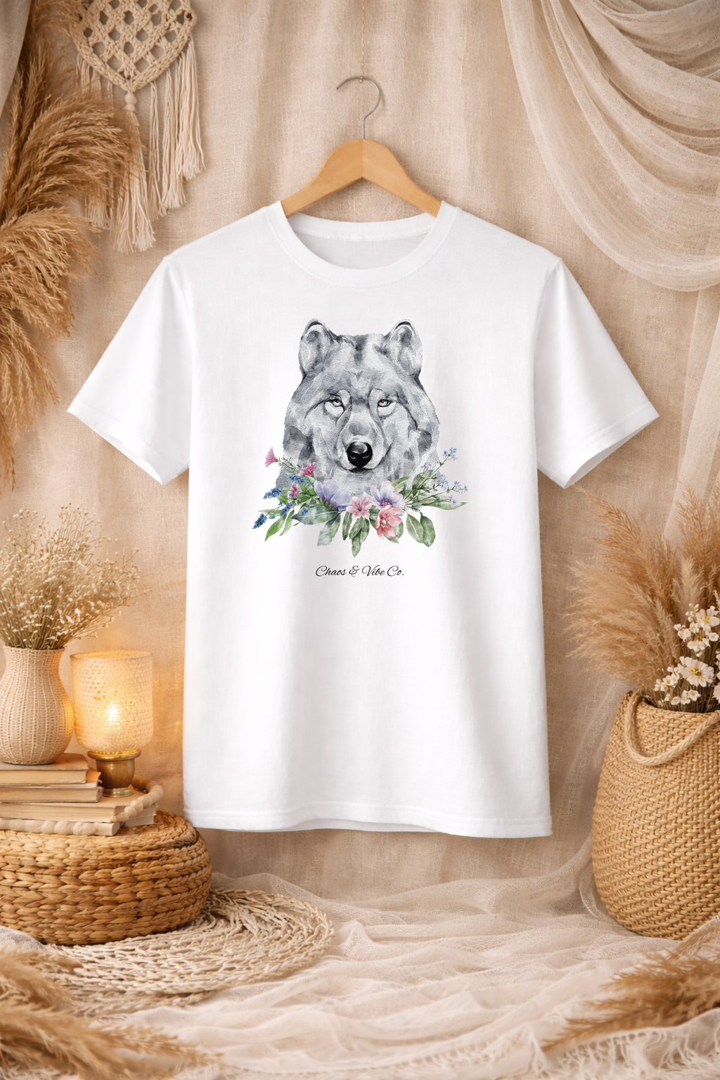 Unisex Wolf Floral T-Shirt — Watercolor Wolf Head with Flowers