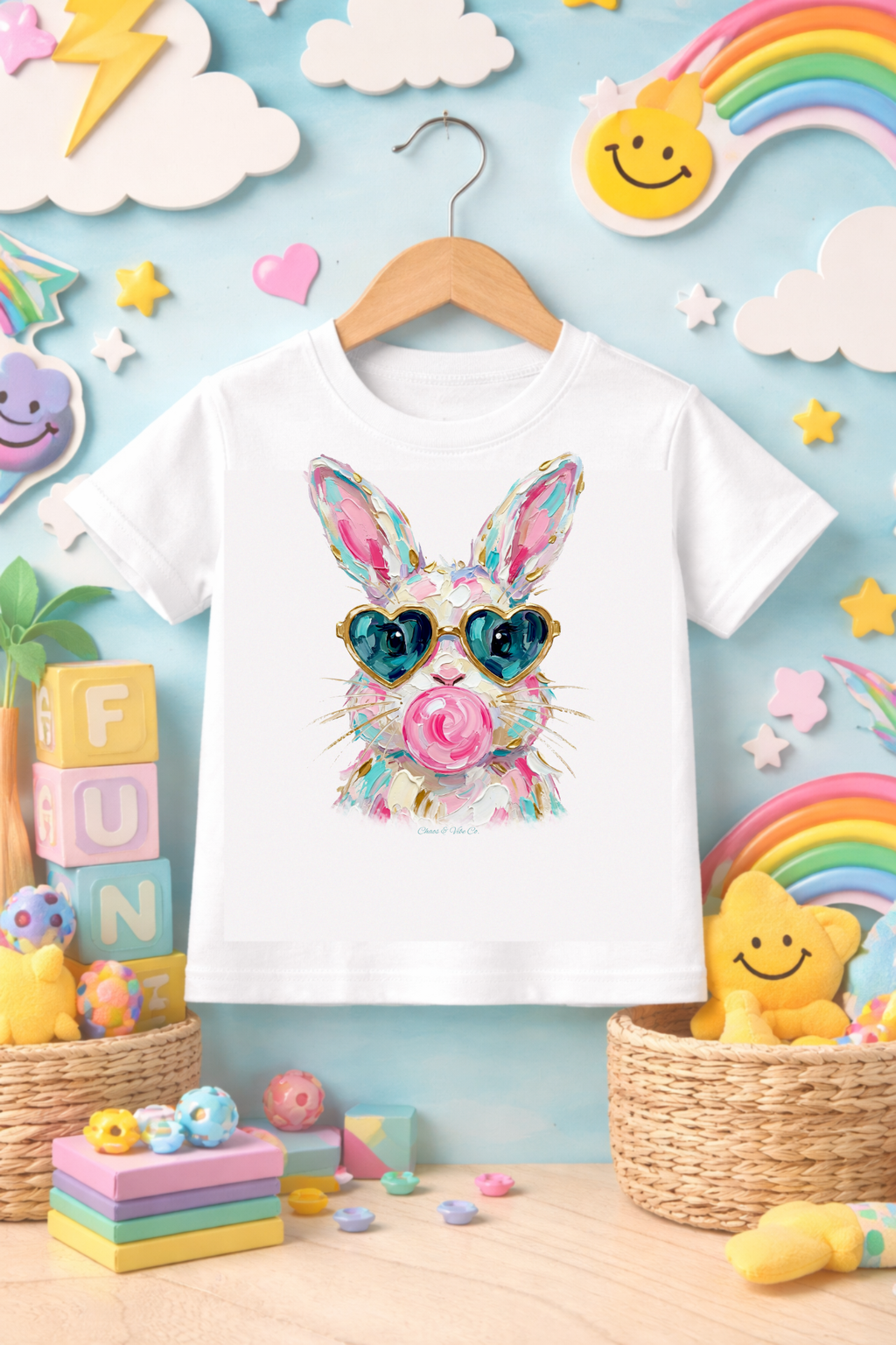 Toddler Tee — Colorful Bunny with Heart Sunglasses & Lollipop (Cute Easter Kids Shirt)