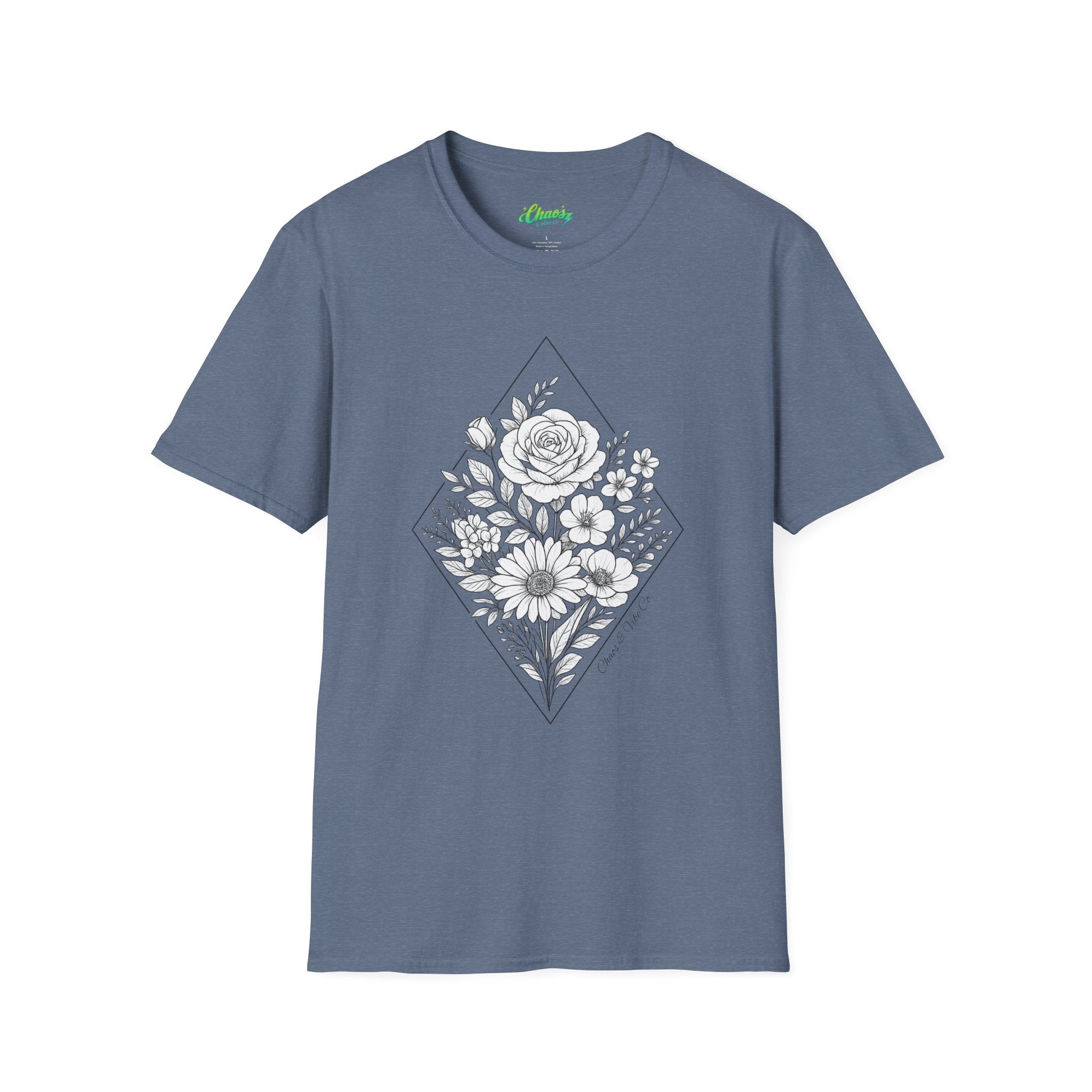 Unisex Floral Diamond Line Art T-Shirt — Botanical Sketch Graphic Tee