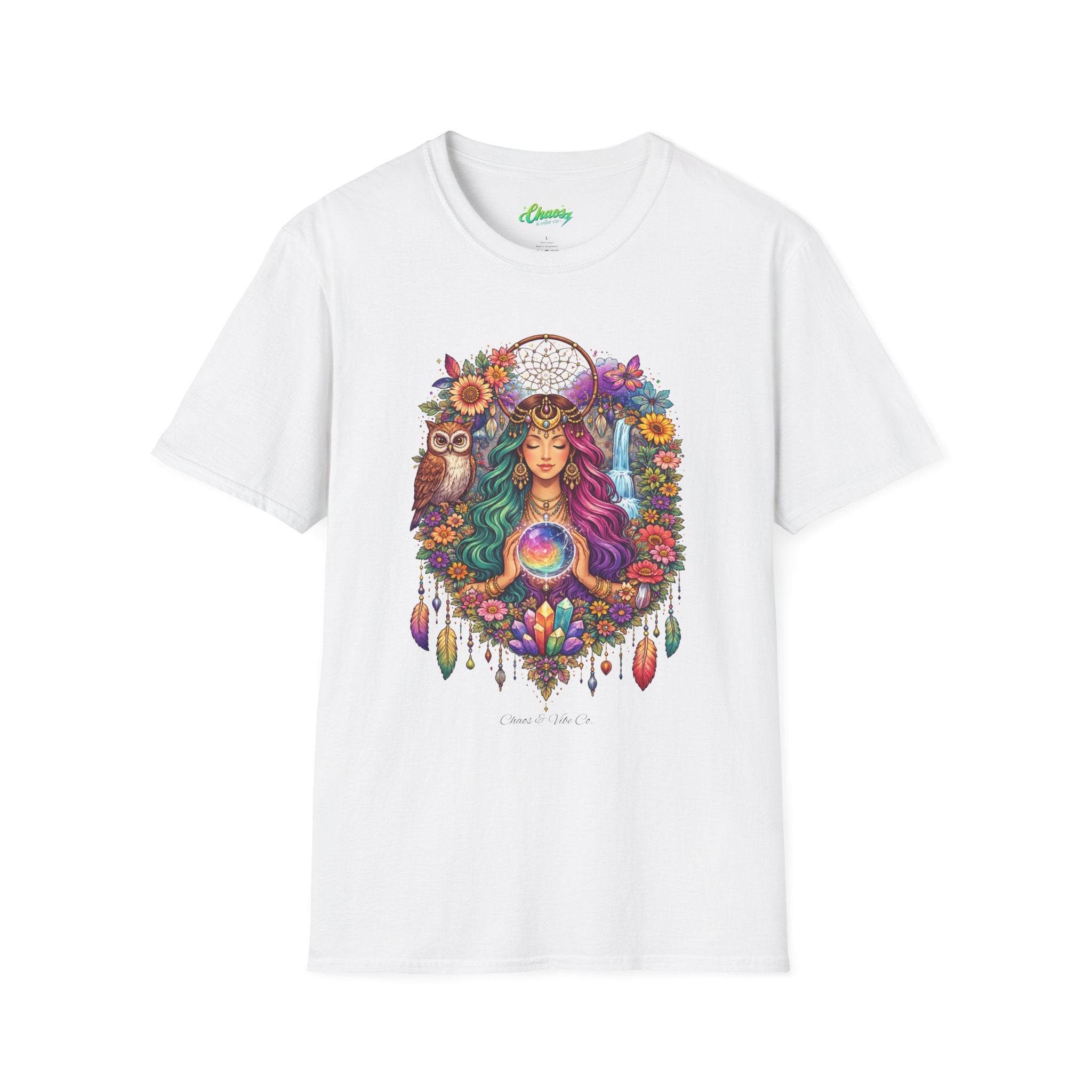 Goddess with Crystal Ball T-Shirt | Boho Mystic Woman, Owl, Dreamcatcher