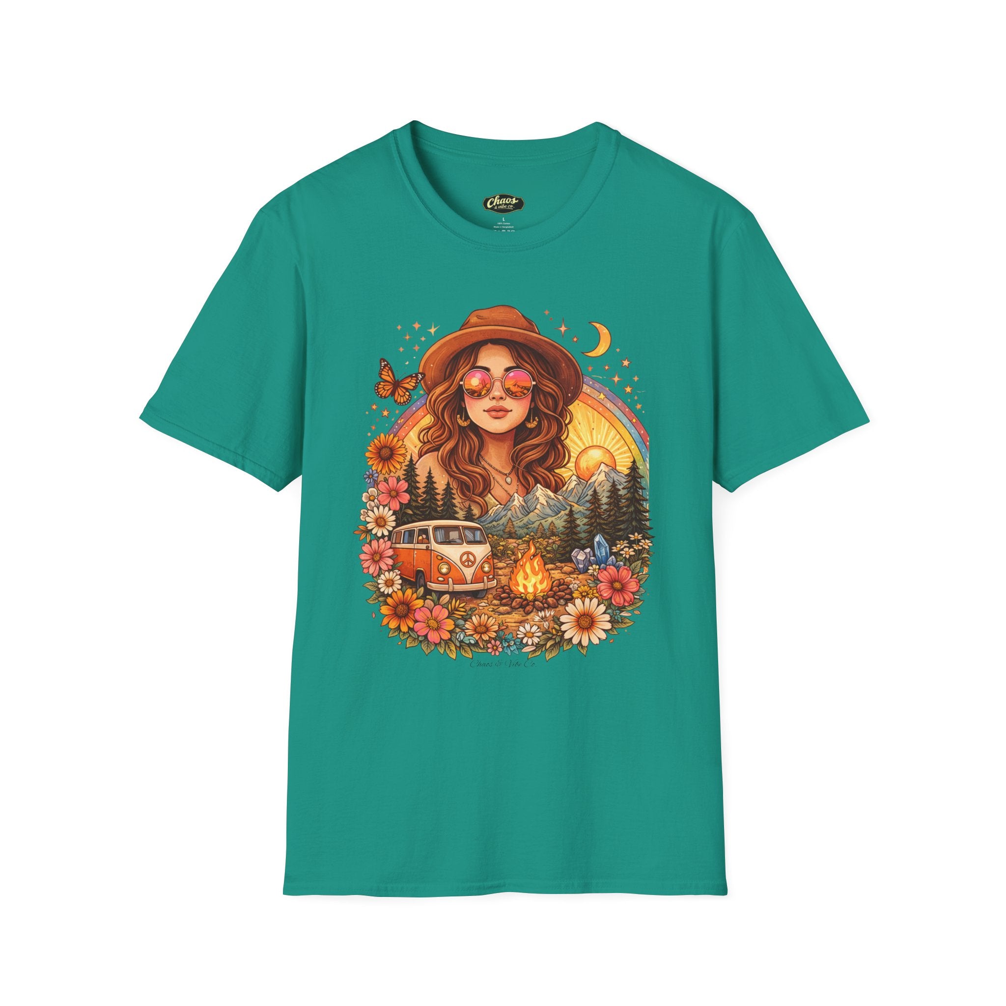 Boho Camper Girl T-Shirt | Retro Van, Campfire, Floral Sunset