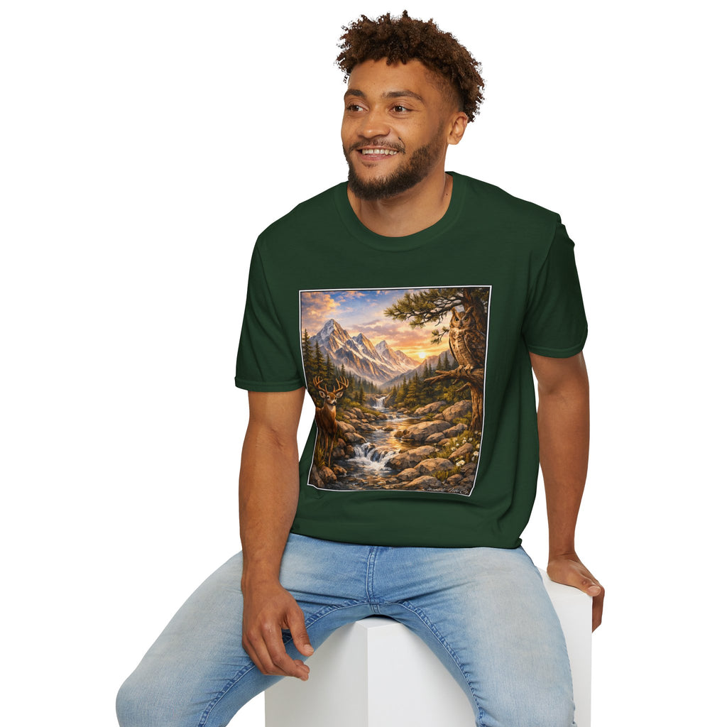 Unisex Softstyle T-Shirt mountain creek nature theme with deer and owl