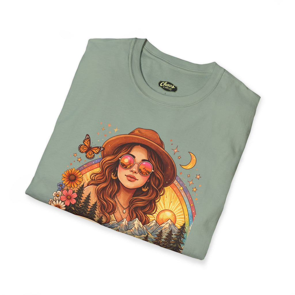 Boho Camper Girl T-Shirt | Retro Van, Campfire, Floral Sunset