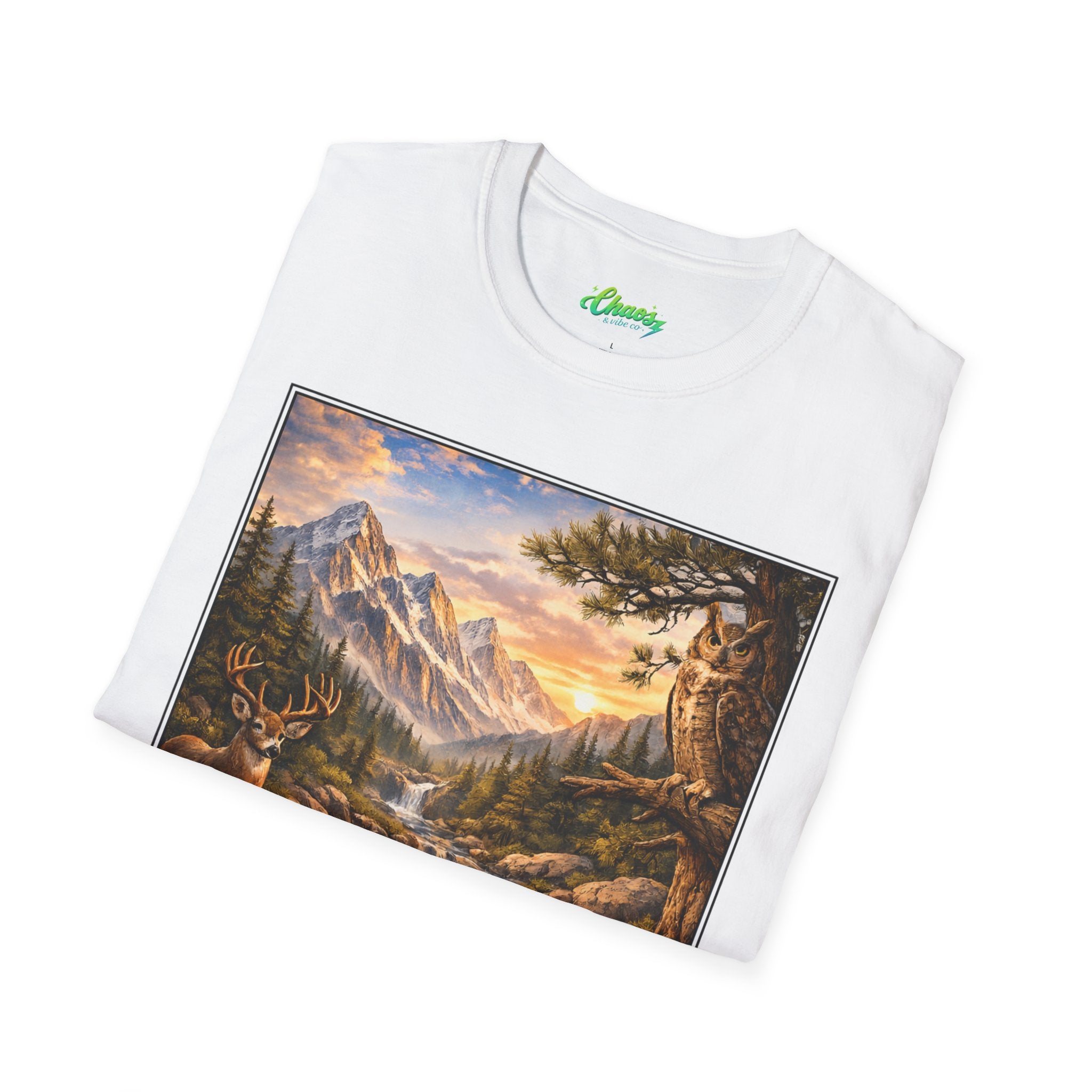 Unisex Softstyle T-Shirt mountain creek nature theme with deer and owl