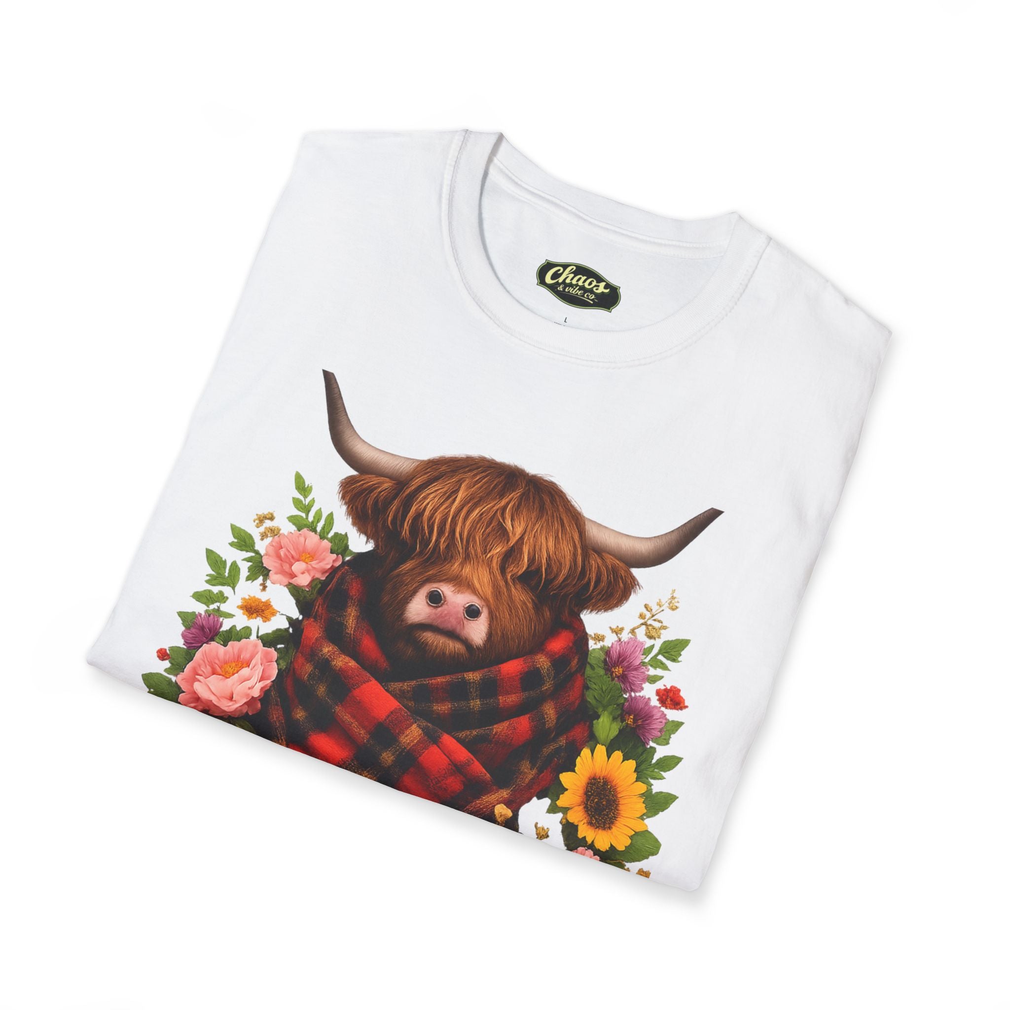 Cozy Highland Cow Too Cozy to Care T-Shirt | Plaid Scarf Floral Design
