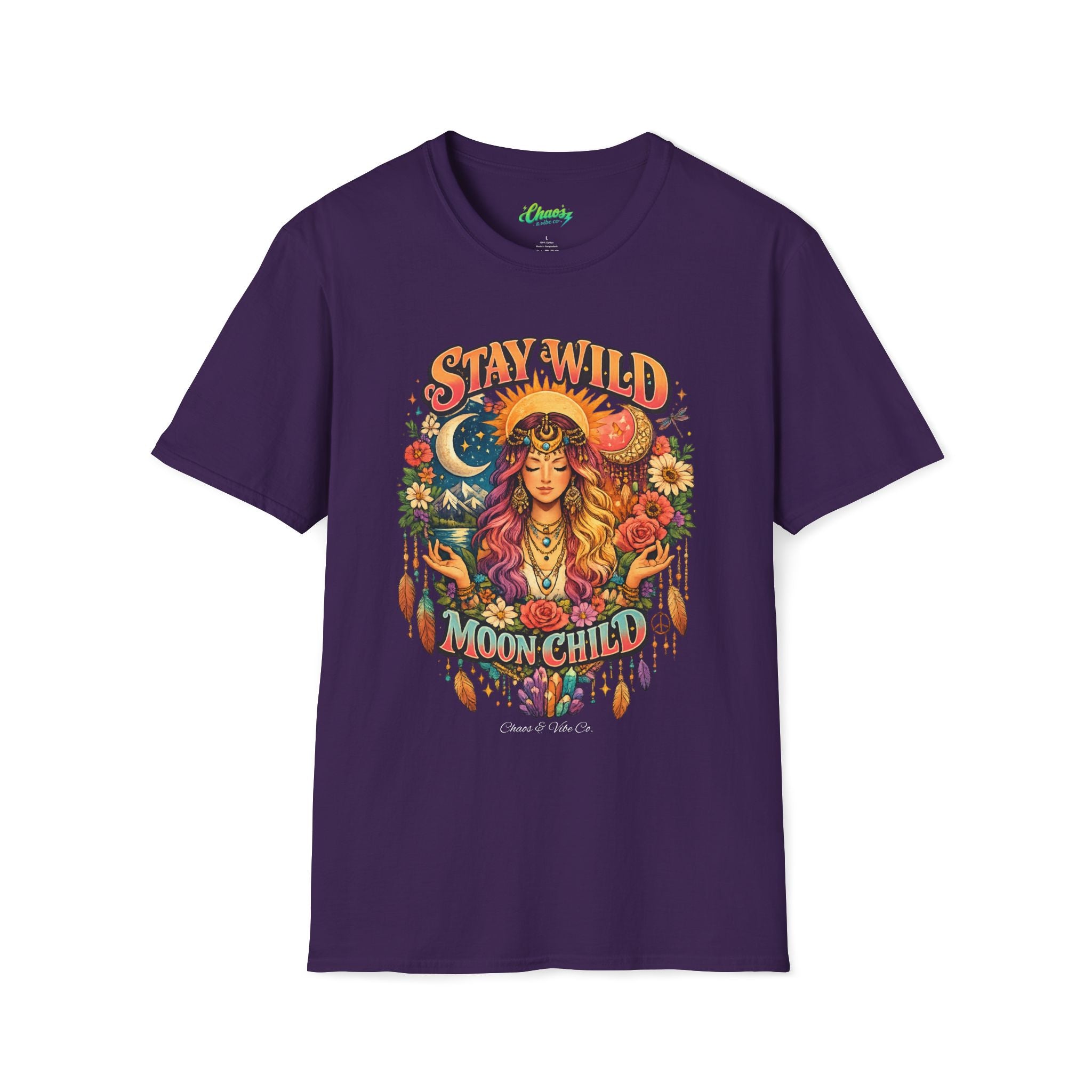 Stay Wild Moon Child T-Shirt | Boho Goddess Moon Phases Floral Graphic