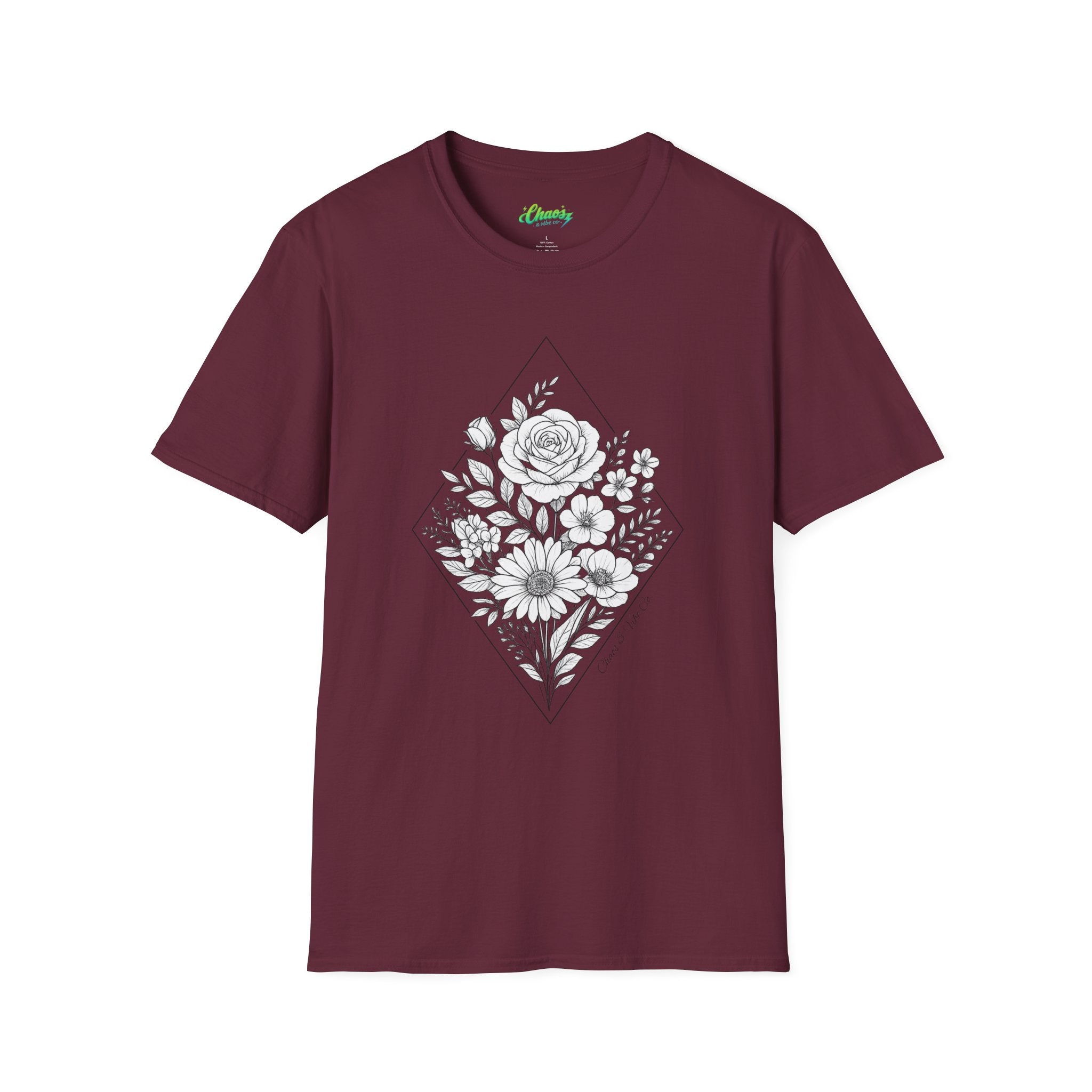 Unisex Floral Diamond Line Art T-Shirt — Botanical Sketch Graphic Tee