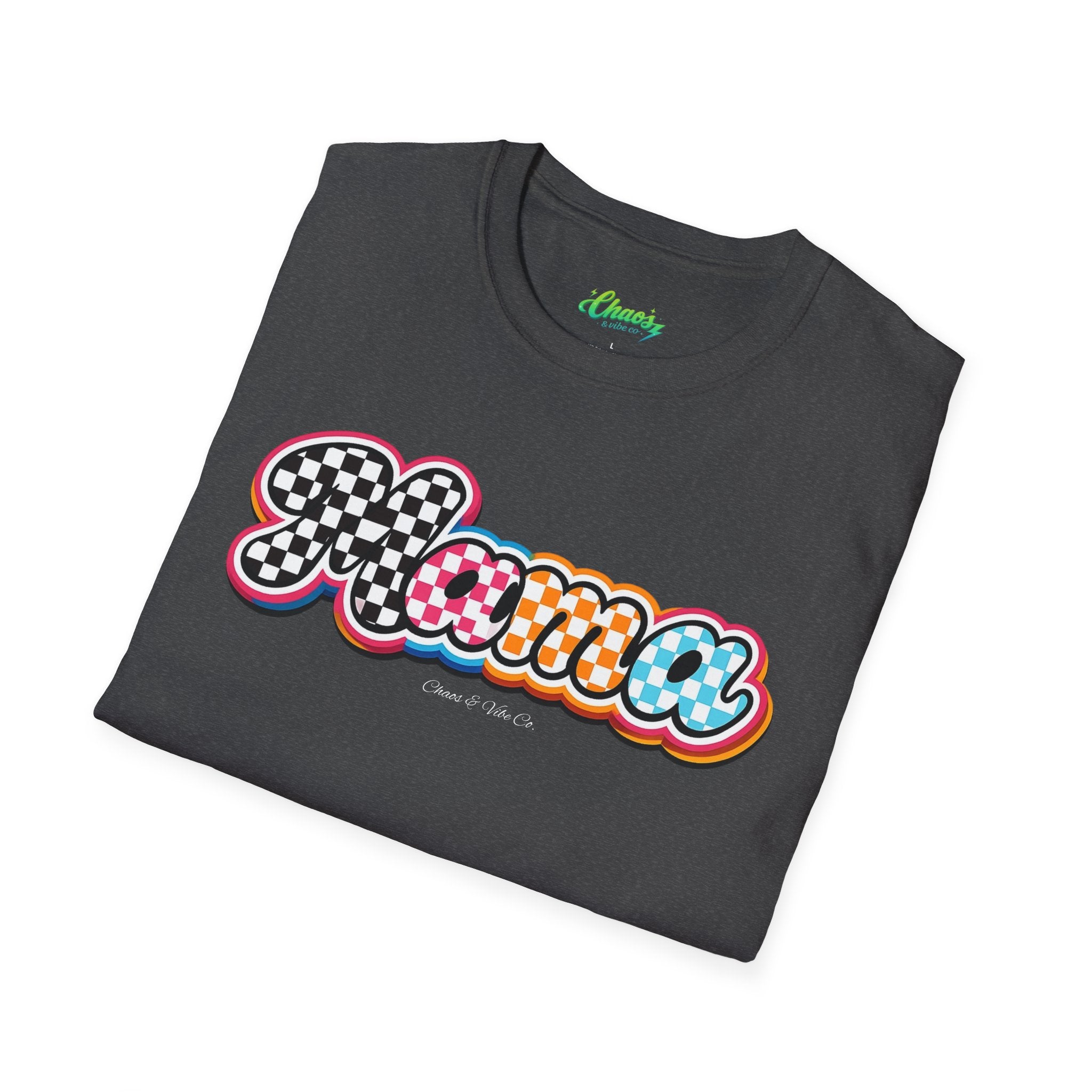 Mama Script Logo T-Shirt | Retro Checkerboard, Rainbow Bubble Letters