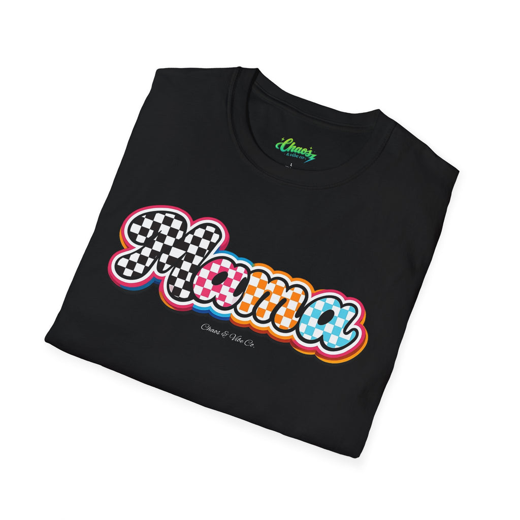 Mama Script Logo T-Shirt | Retro Checkerboard, Rainbow Bubble Letters