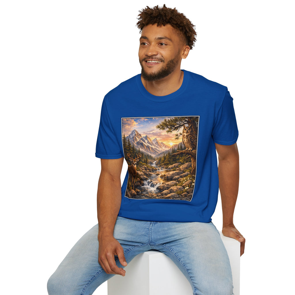 Unisex Softstyle T-Shirt mountain creek nature theme with deer and owl