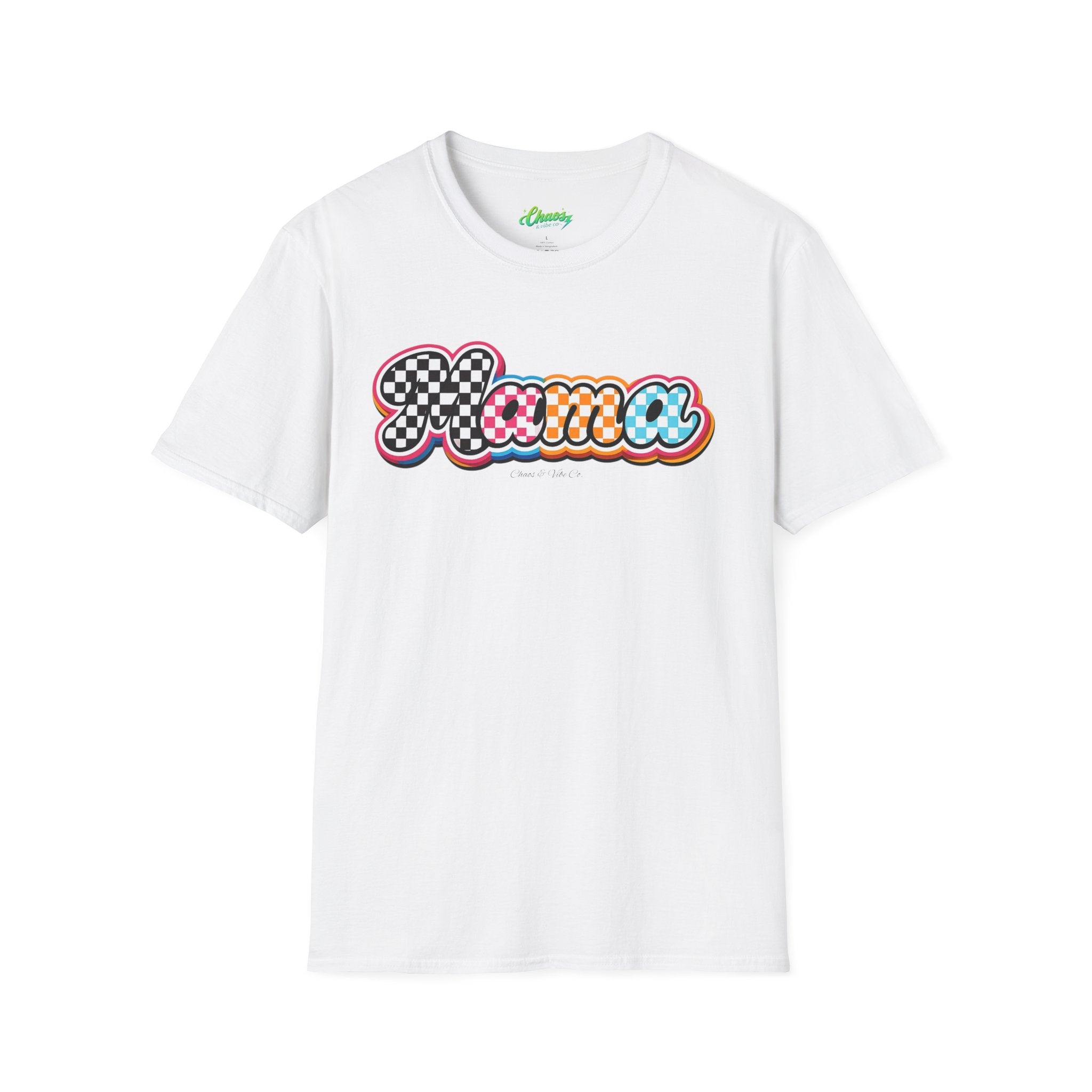 Mama Script Logo T-Shirt | Retro Checkerboard, Rainbow Bubble Letters