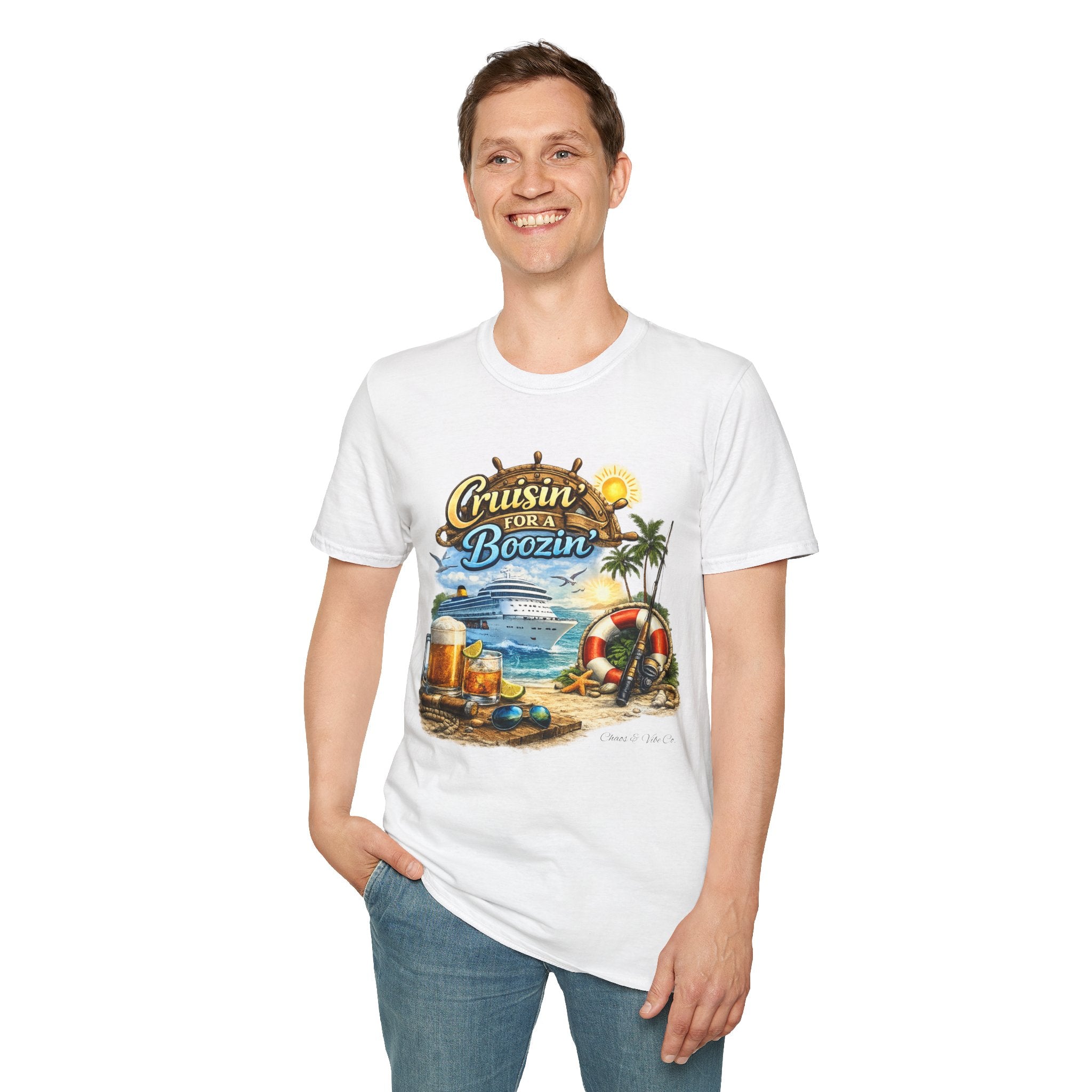 Unisex Cruisin' for a Boozin' T-Shirt | Beach Cruise, Tropical Drinks, Palm Trees
