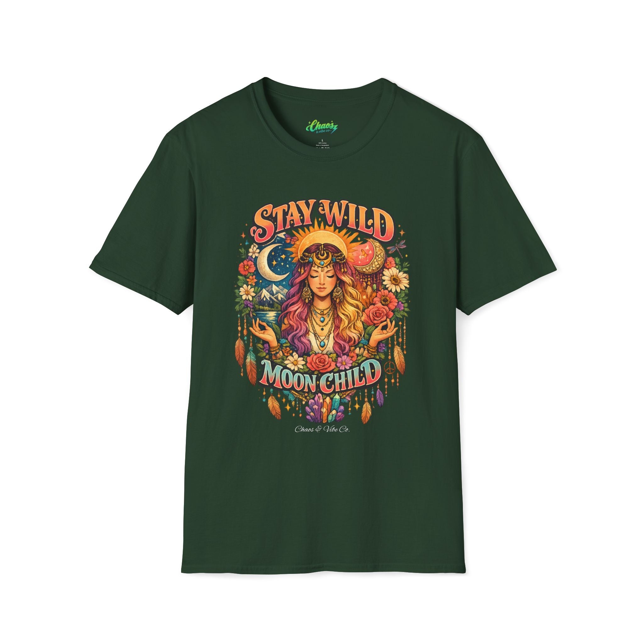 Stay Wild Moon Child T-Shirt | Boho Goddess Moon Phases Floral Graphic
