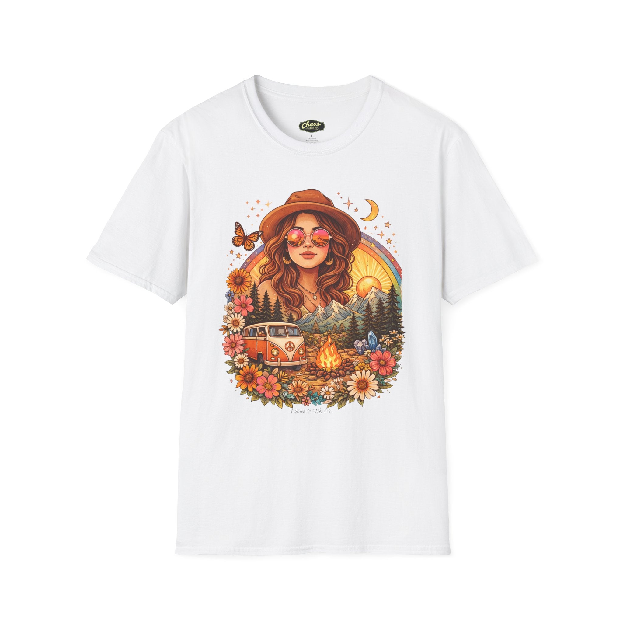 Boho Camper Girl T-Shirt | Retro Van, Campfire, Floral Sunset