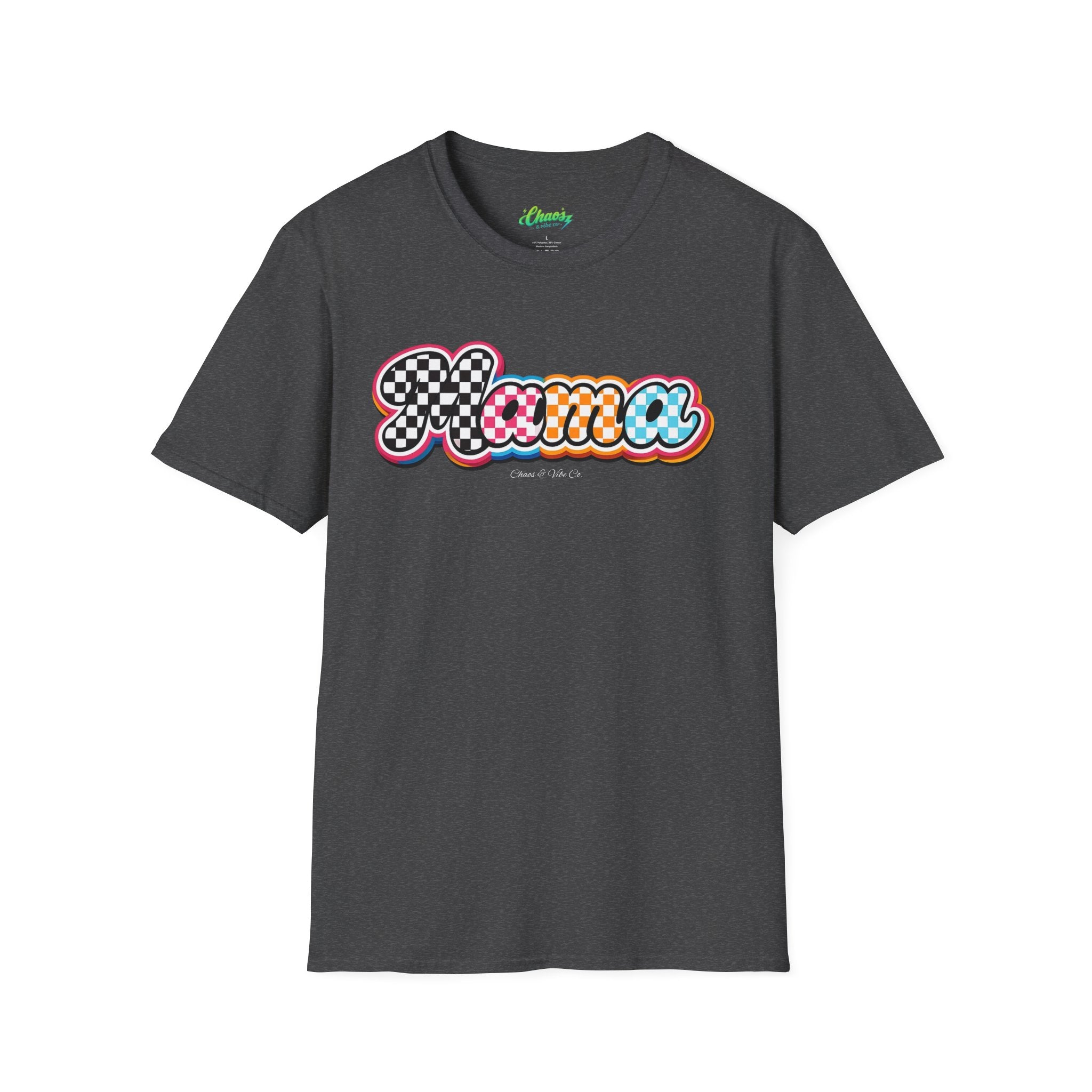 Mama Script Logo T-Shirt | Retro Checkerboard, Rainbow Bubble Letters