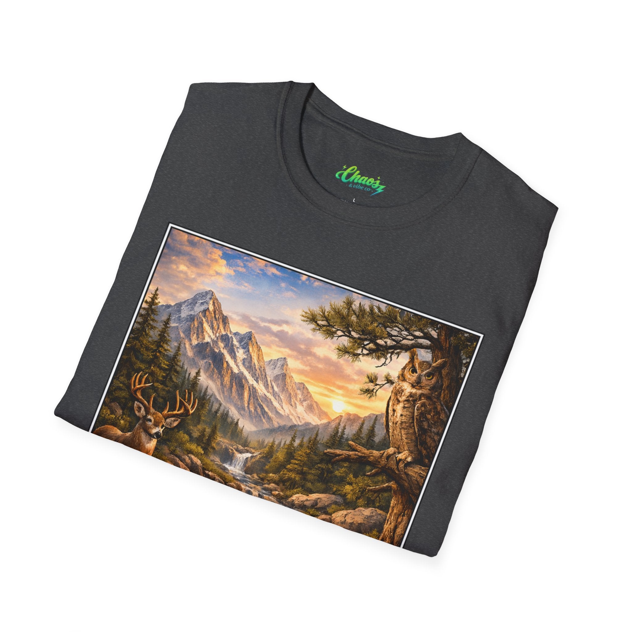 Unisex Softstyle T-Shirt mountain creek nature theme with deer and owl