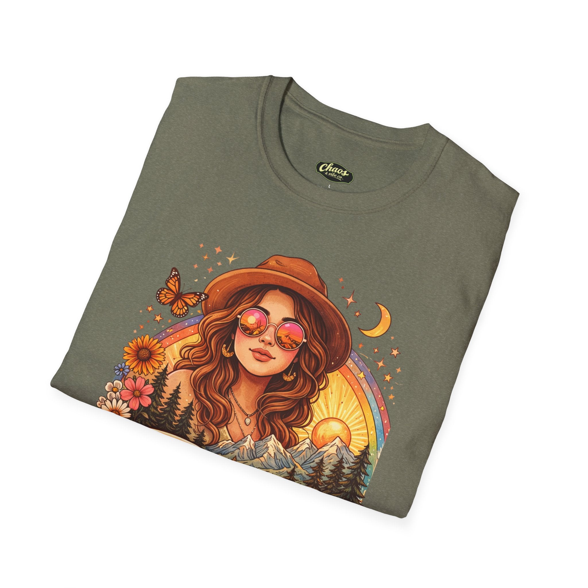 Boho Camper Girl T-Shirt | Retro Van, Campfire, Floral Sunset