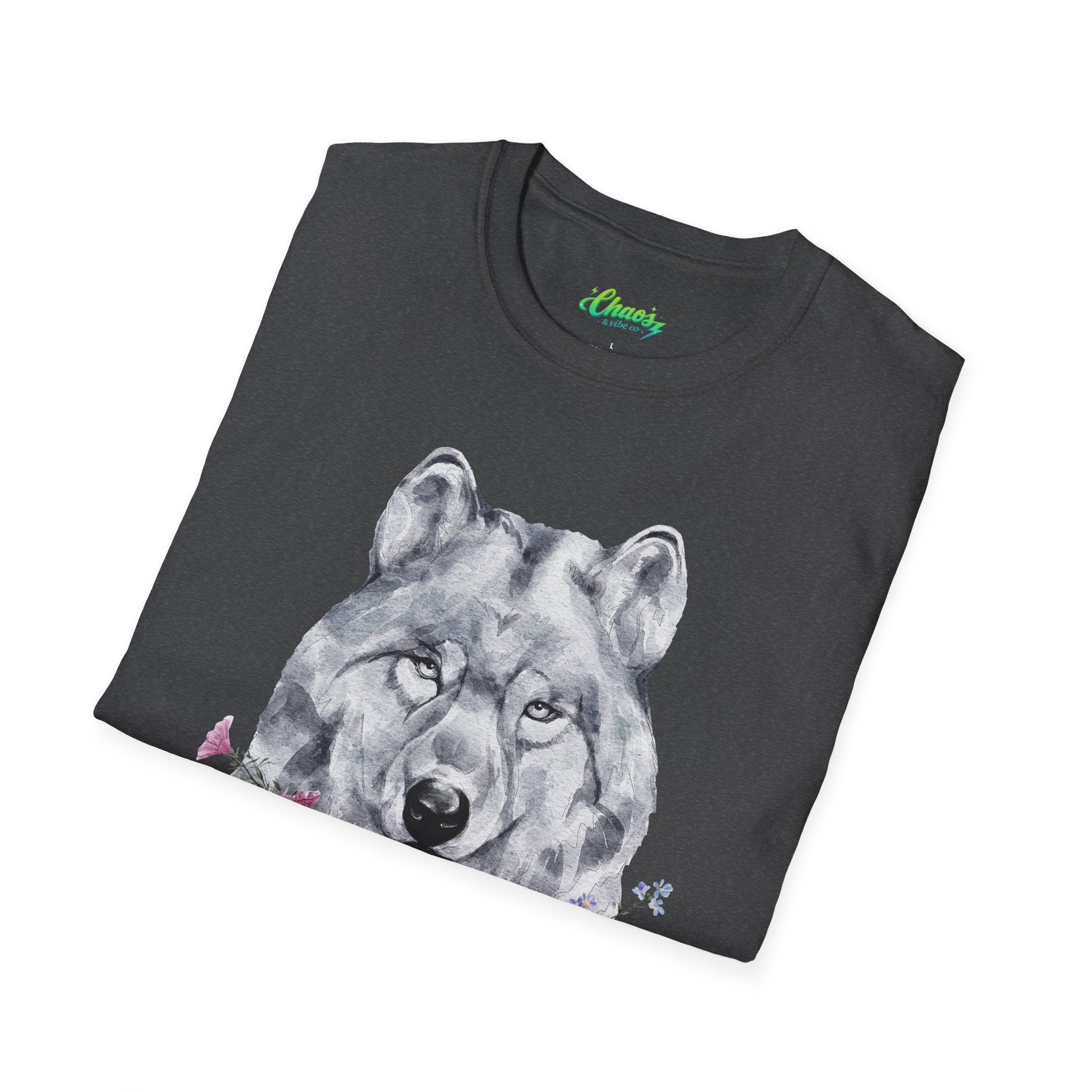 Unisex Wolf Floral T-Shirt — Watercolor Wolf Head with Flowers