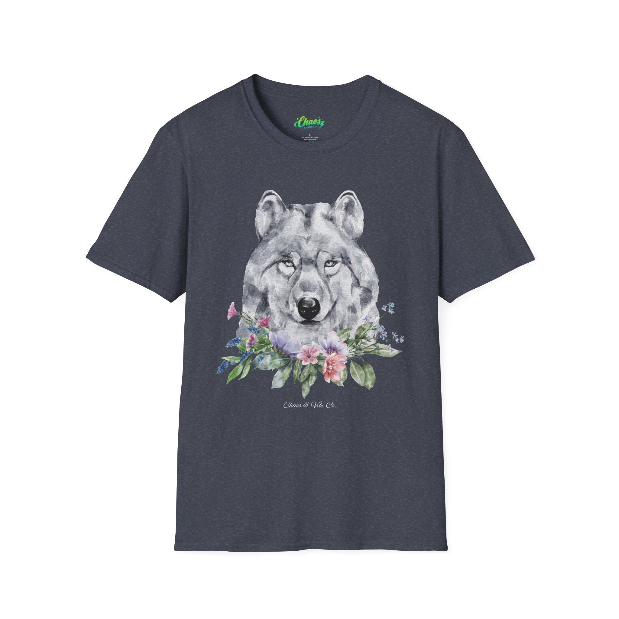 Unisex Wolf Floral T-Shirt — Watercolor Wolf Head with Flowers