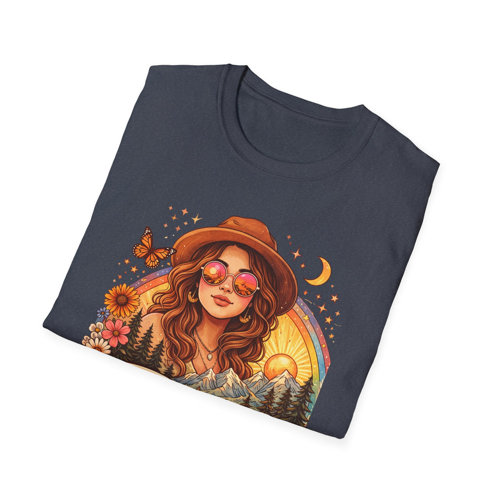 Boho Camper Girl T-Shirt | Retro Van, Campfire, Floral Sunset